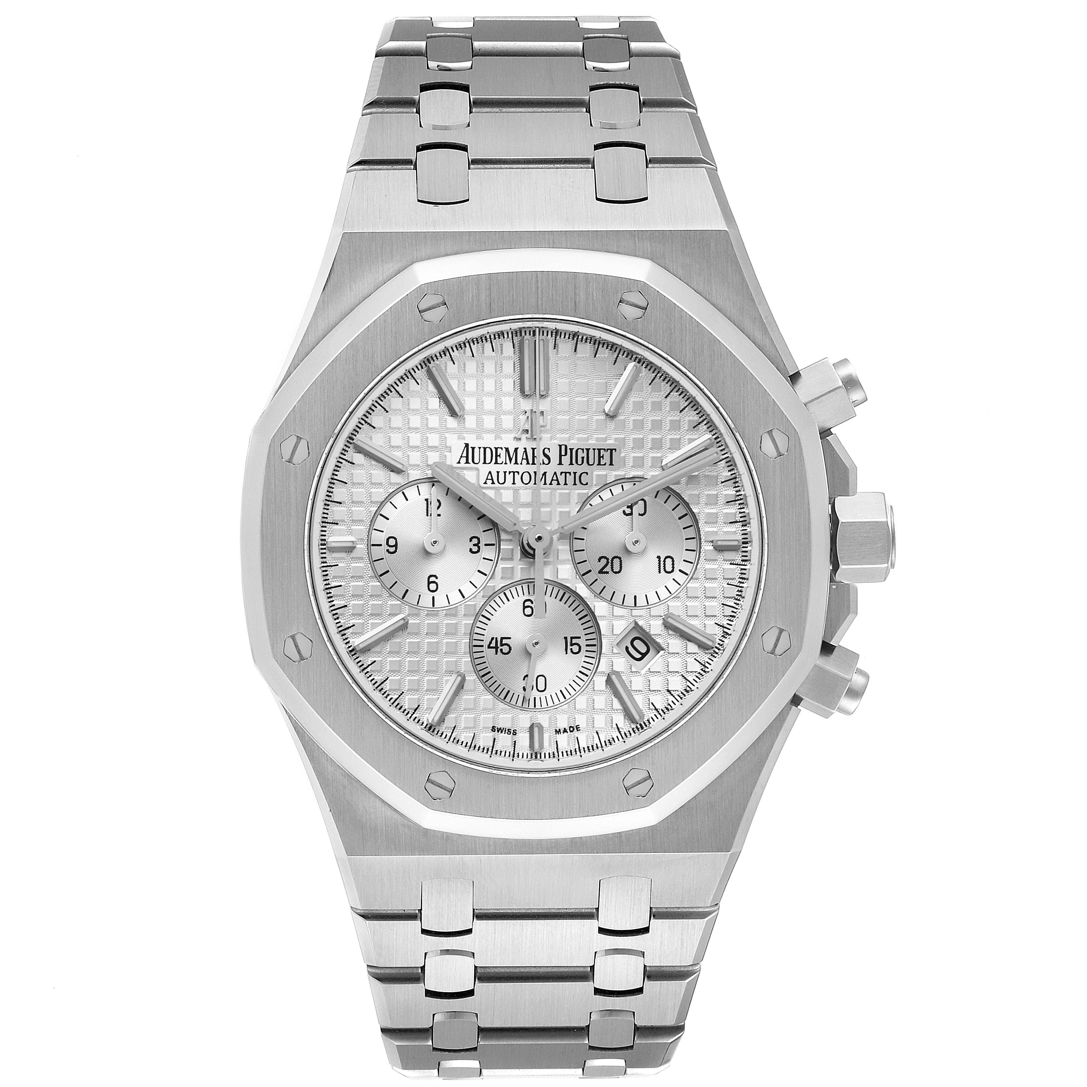 This image shows a front view of the Royal Oak model by Audemars Piguet, highlighting the dial, bezel, and bracelet.