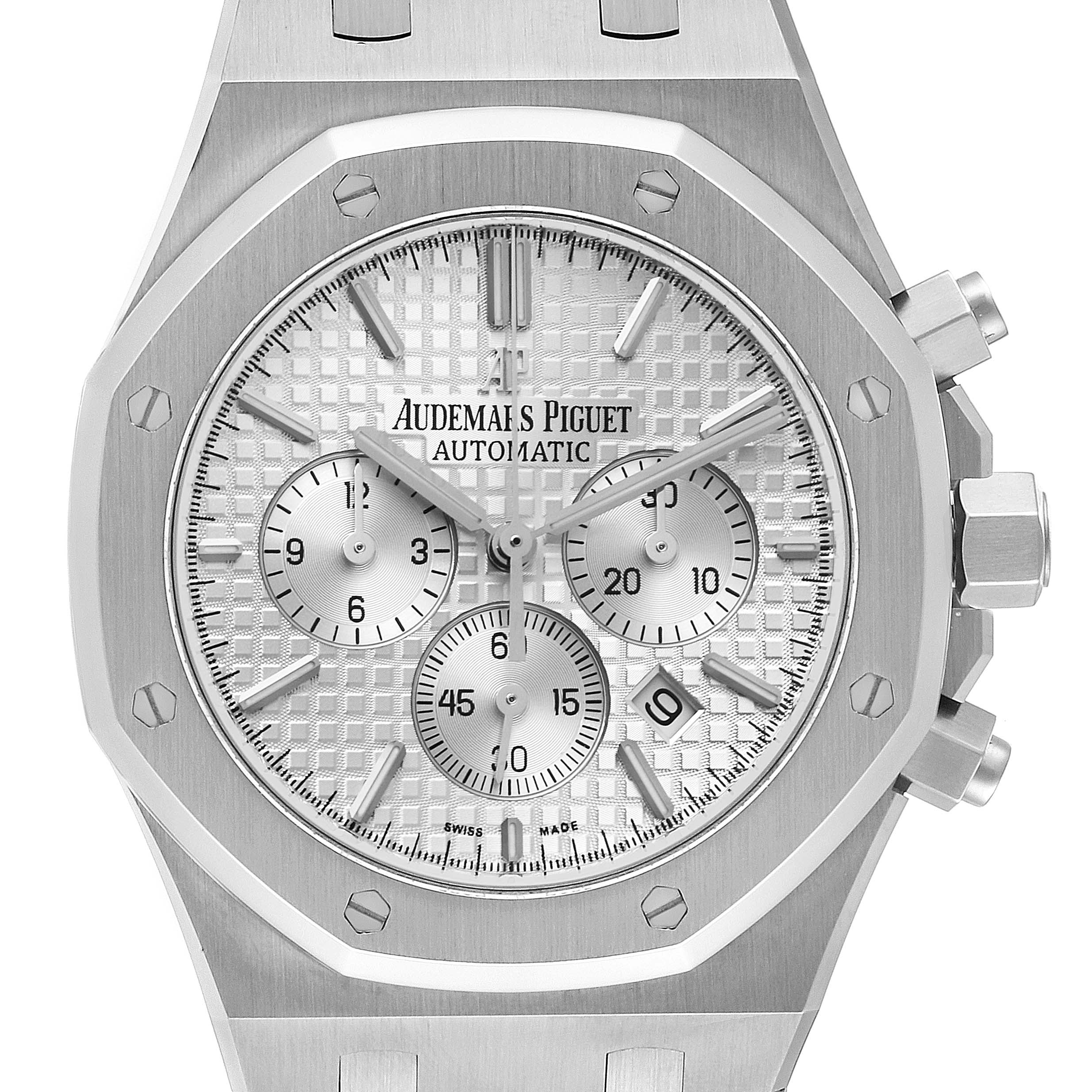 The image shows a front view of the Audemars Piguet Royal Oak 26320ST Men's Stainless Steel Silver Dial 26320ST Men's Stainless Steel Silver Dial watch, highlighting its face, three sub-dials, and crown.