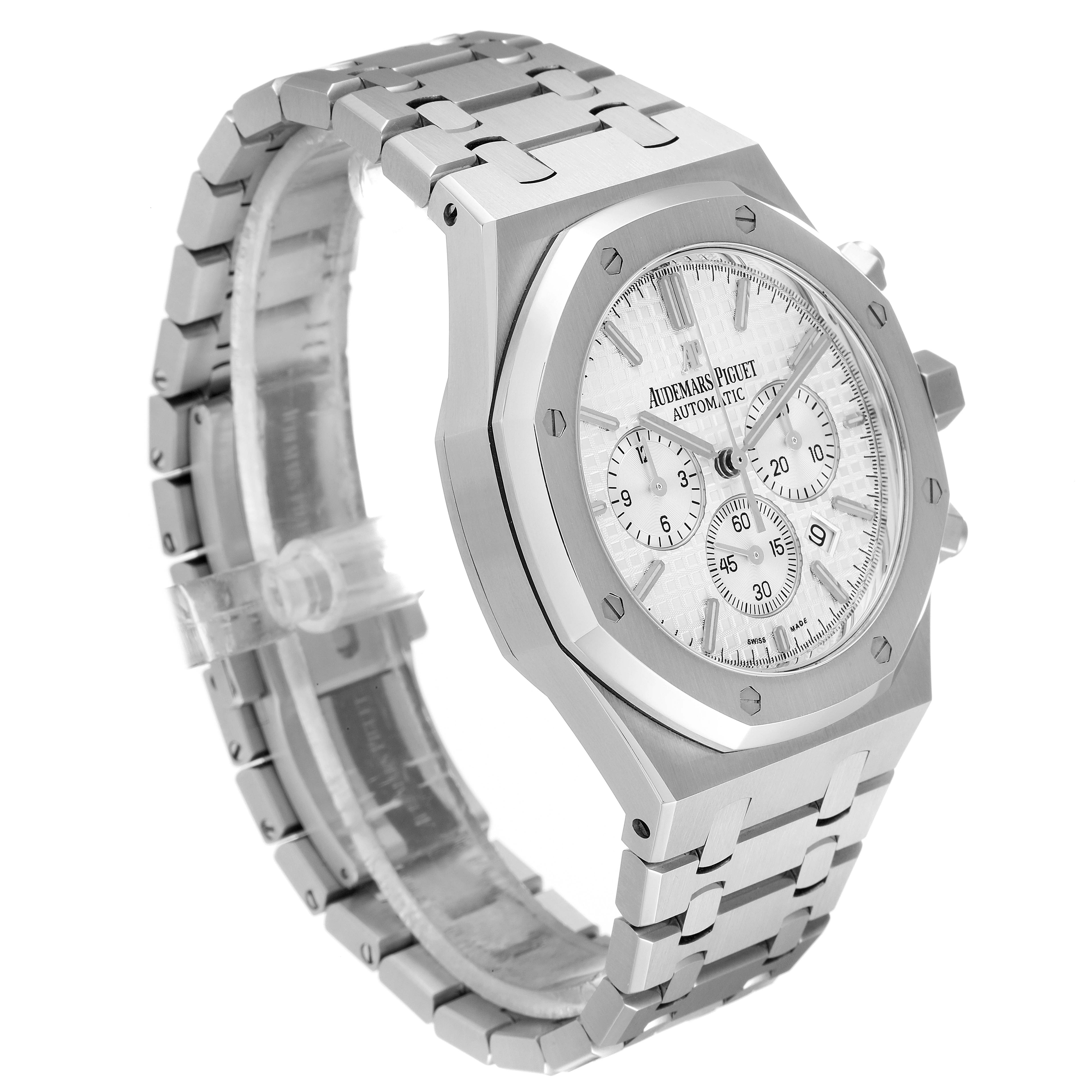 The image shows a side-angle view of an Audemars Piguet Royal Oak 26320ST Men's Stainless Steel Silver Dial 26320ST Men's Stainless Steel Silver Dial watch, highlighting its face, bezel, and bracelet.
