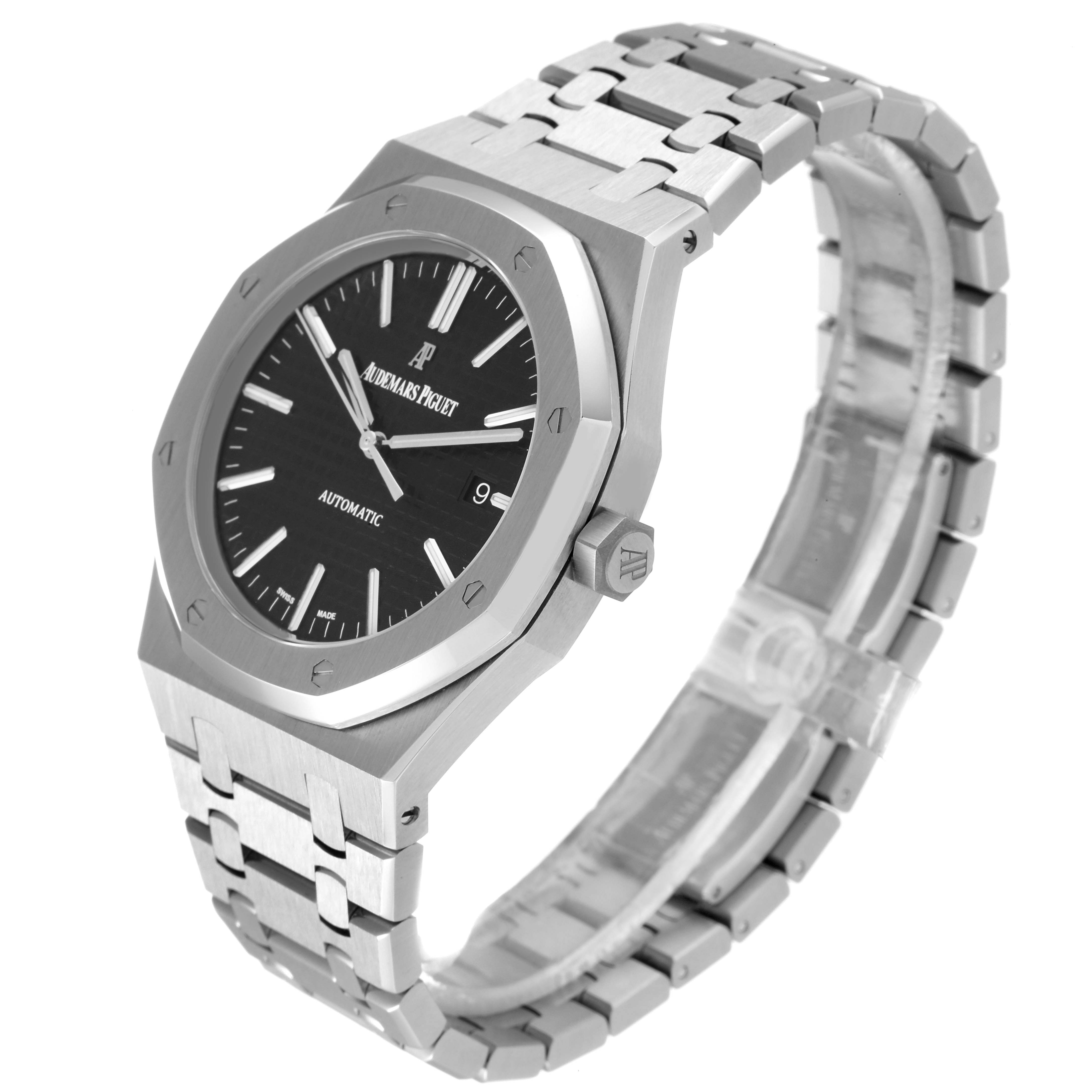 The image shows a Royal Oak model by Audemars Piguet at a three-quarter angle, highlighting the bracelet, dial, bezel, and crown.