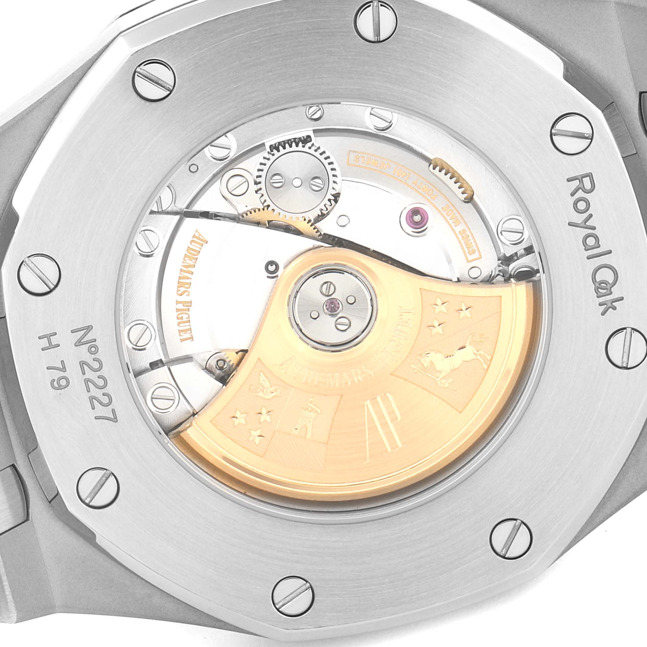 The image shows the back view of the Audemars Piguet Royal Oak 15400ST.OO.1220ST.01 Men's Stainless Steel Black Dial 15400ST.OO.1220ST.01 Men's Stainless Steel Black Dial model, highlighting its movement and rotor.