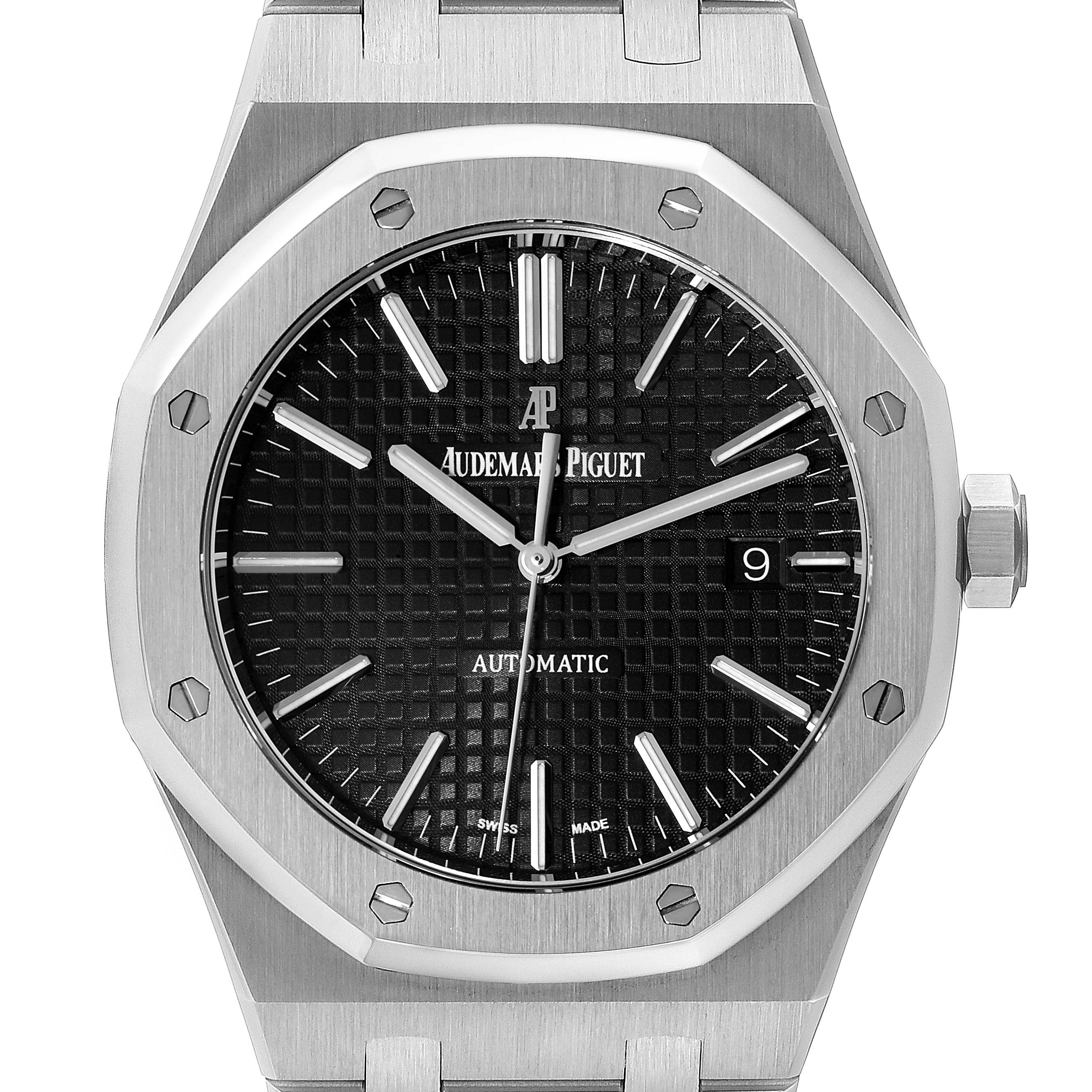 The image shows a front view of an Audemars Piguet Royal Oak 15400ST.OO.1220ST.01 Men's Stainless Steel Black Dial 15400ST.OO.1220ST.01 Men's Stainless Steel Black Dial watch, displaying its octagonal bezel, black dial, and crown.