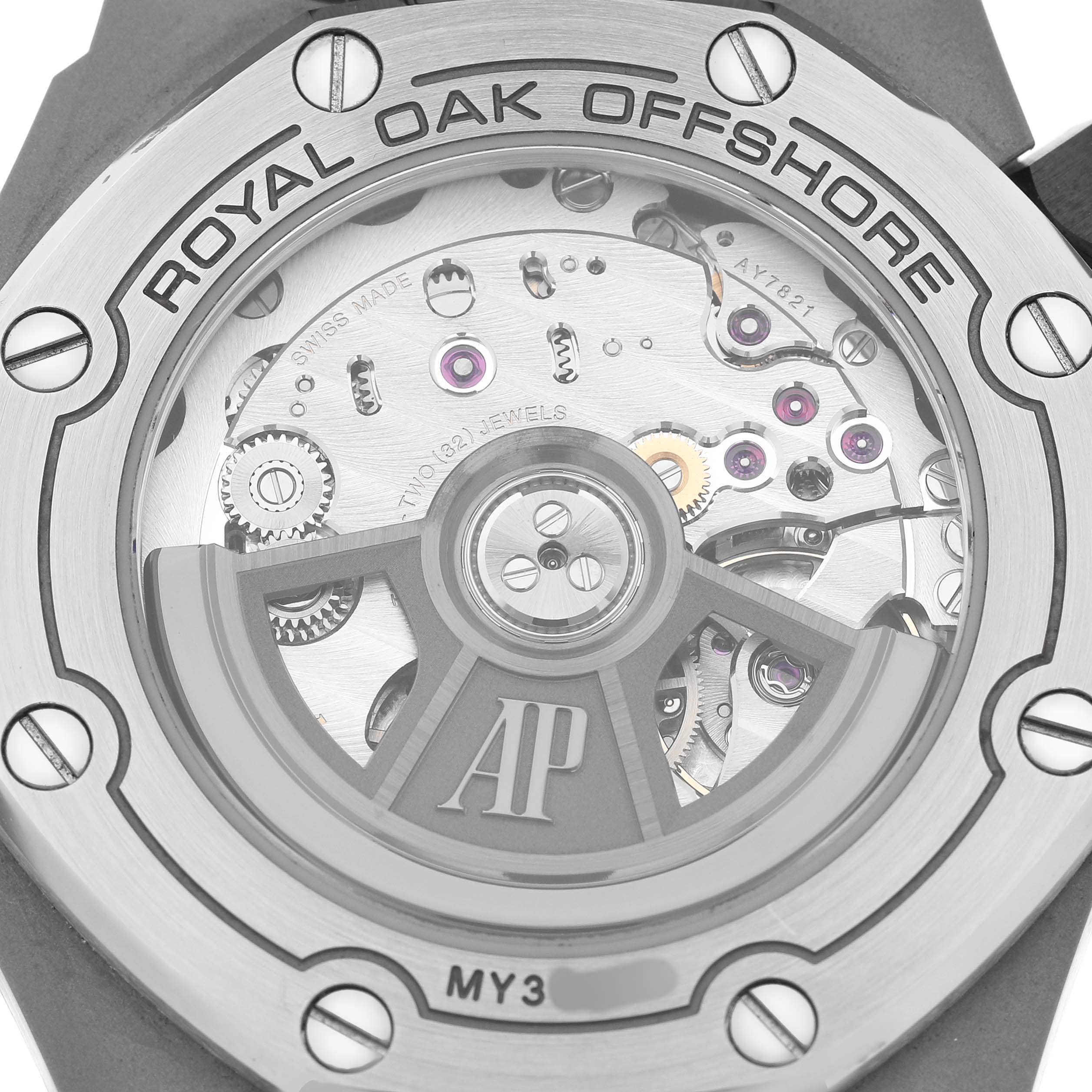 The image shows the back of the Audemars Piguet Royal Oak Offshore 15720ST.OO.A052CA.01 Men's Stainless Steel Green Dial, highlighting the movement and rotor.