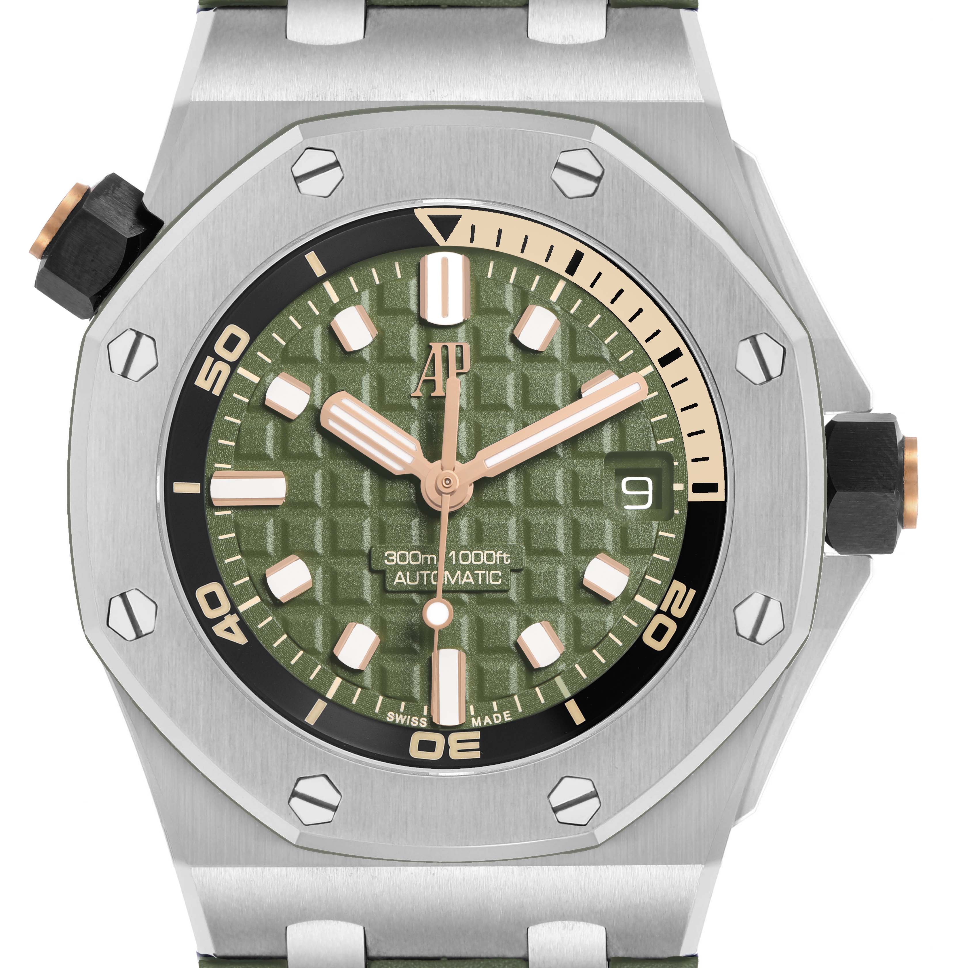 The image shows a front view of the Audemars Piguet Royal Oak Offshore 15720ST.OO.A052CA.01 Men's Stainless Steel Green Dial, highlighting the bezel, dial, and date window.