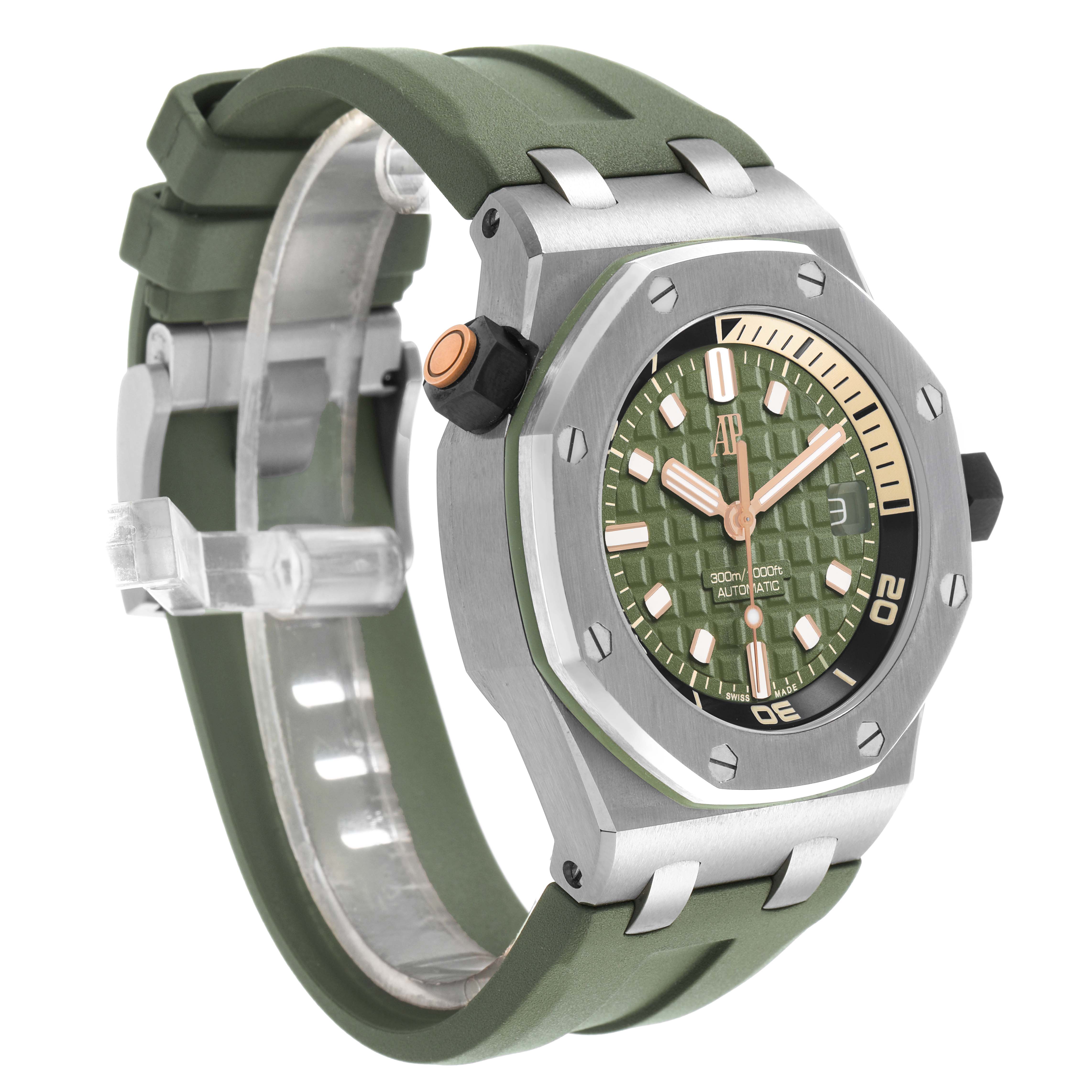 The Audemars Piguet Royal Oak Offshore 15720ST.OO.A052CA.01 Men's Stainless Steel Green Dial watch is shown at a three-quarter angle, highlighting its green strap and bezel.