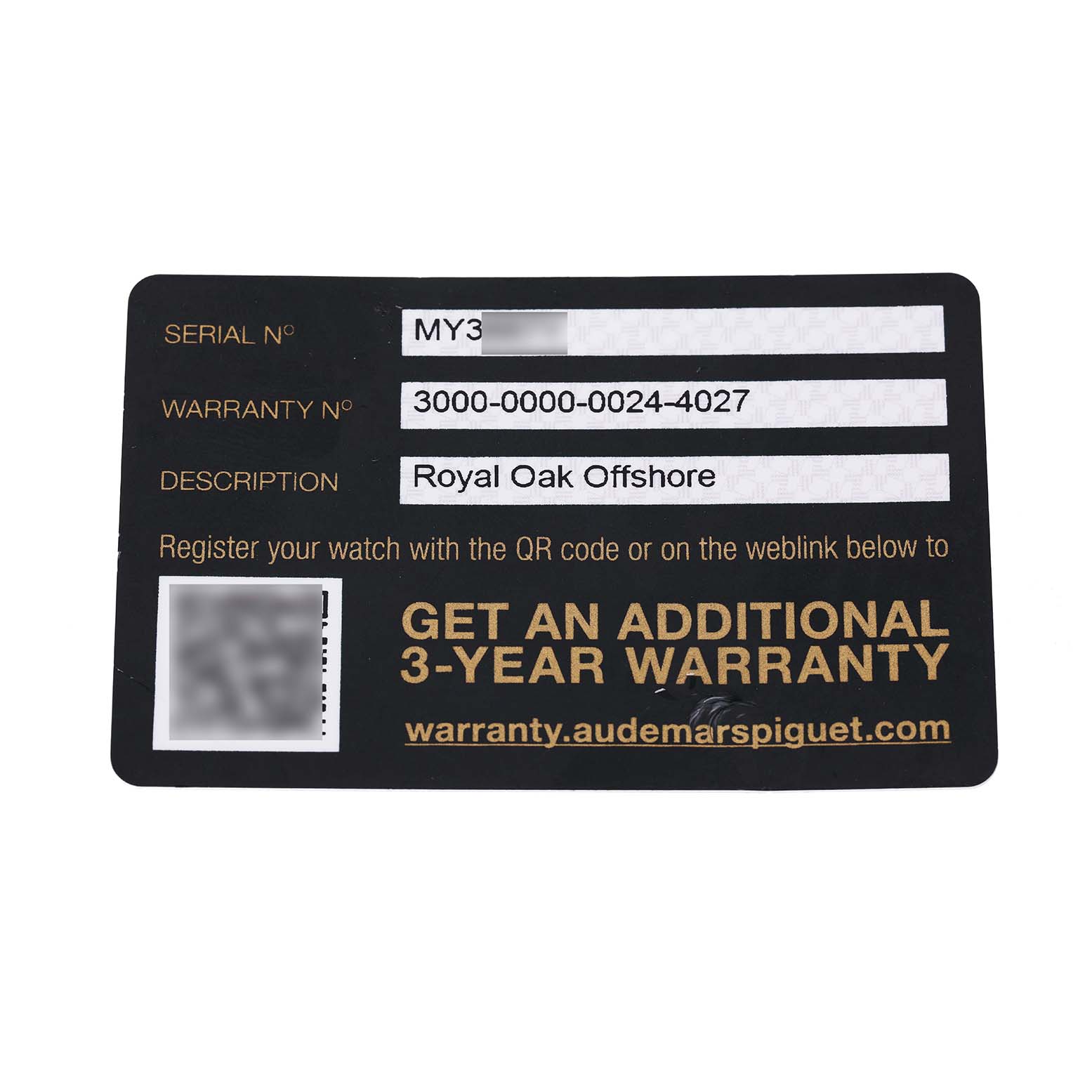 The image shows a warranty card for the Audemars Piguet Royal Oak Offshore 15720ST.OO.A052CA.01 Men's Stainless Steel Green Dial model, detailing the serial and warranty numbers.