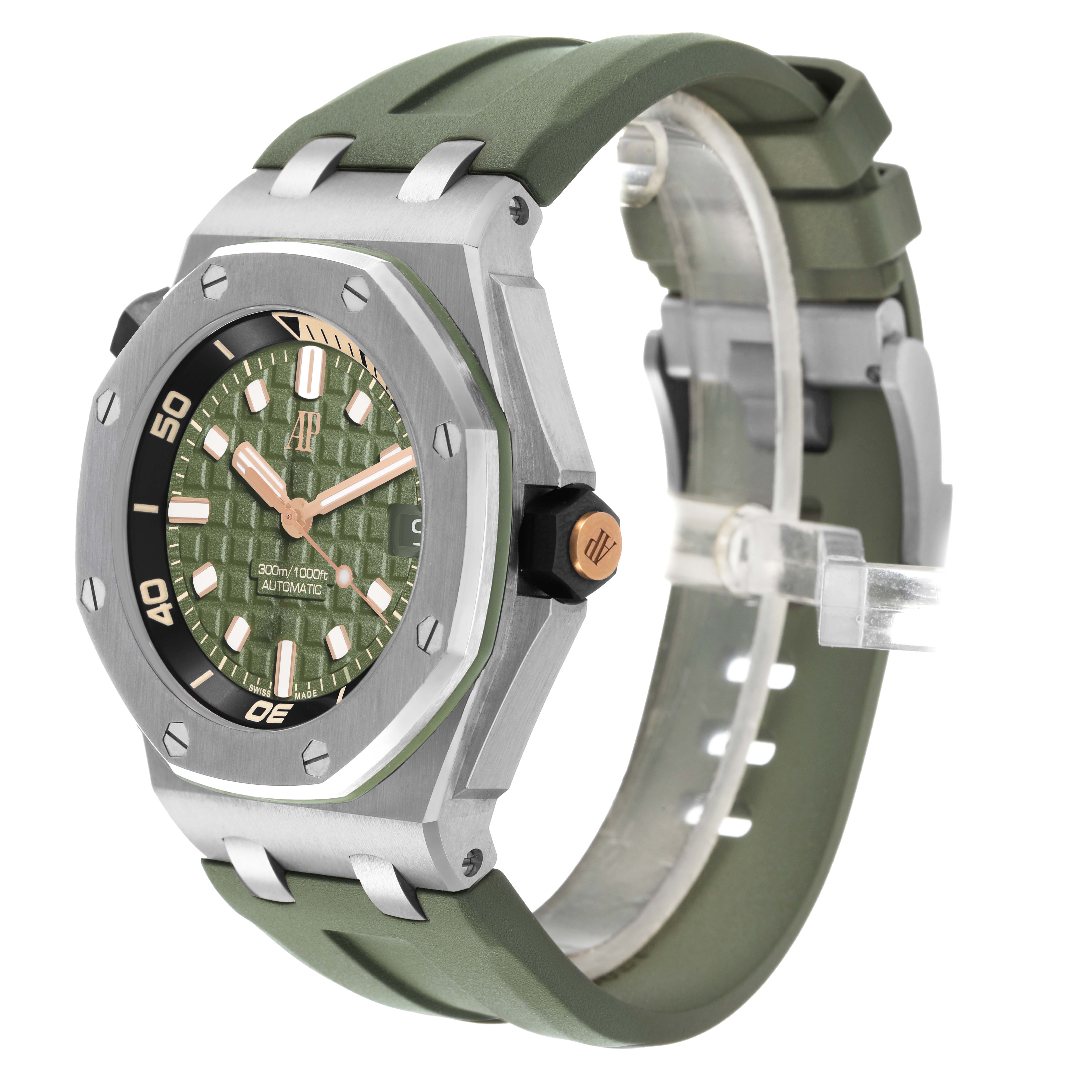 The Audemars Piguet Royal Oak Offshore 15720ST.OO.A052CA.01 Men's Stainless Steel Green Dial watch is shown at a three-quarter angle, highlighting its green dial, octagonal bezel, and strap.
