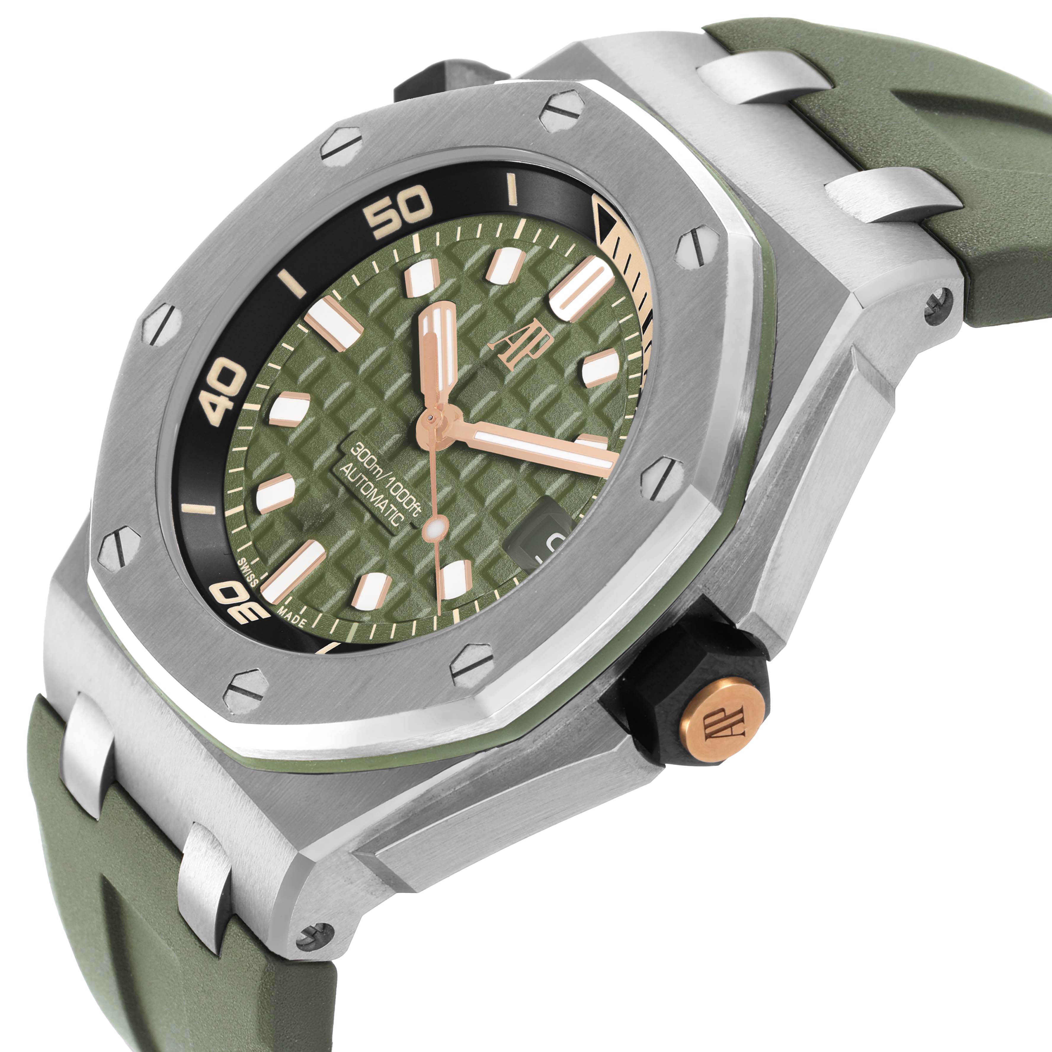 The Audemars Piguet Royal Oak Offshore 15720ST.OO.A052CA.01 Men's Stainless Steel Green Dial is shown from an angled side view, highlighting its case, bezel, dial, and strap.