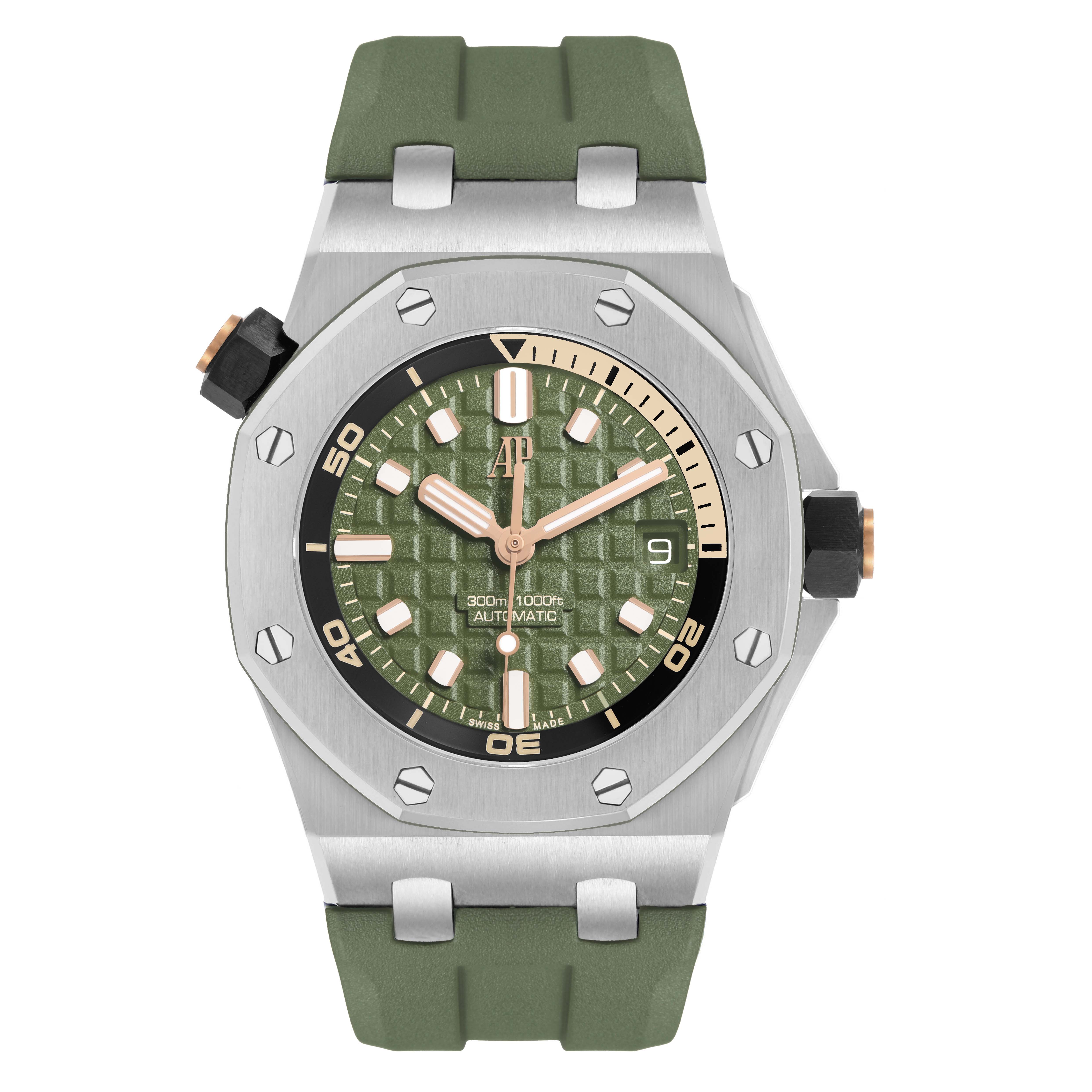 The image shows a front view of the Audemars Piguet Royal Oak Offshore 15720ST.OO.A052CA.01 Men's Stainless Steel Green Dial watch, displaying its green dial, bezel, and strap.