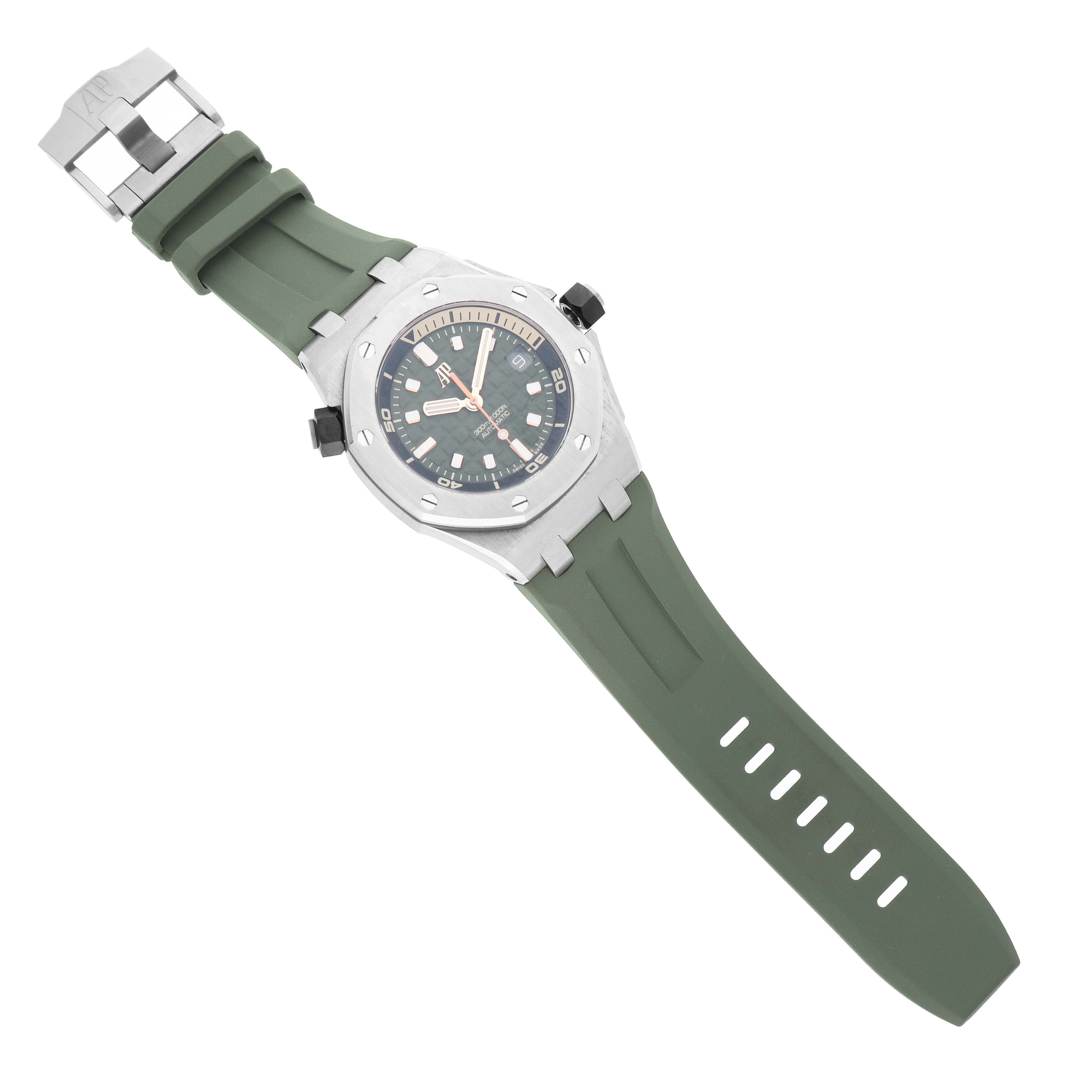 The Royal Oak Offshore by Audemars Piguet is shown from a top view, highlighting the green strap, stainless steel case, and dial.
