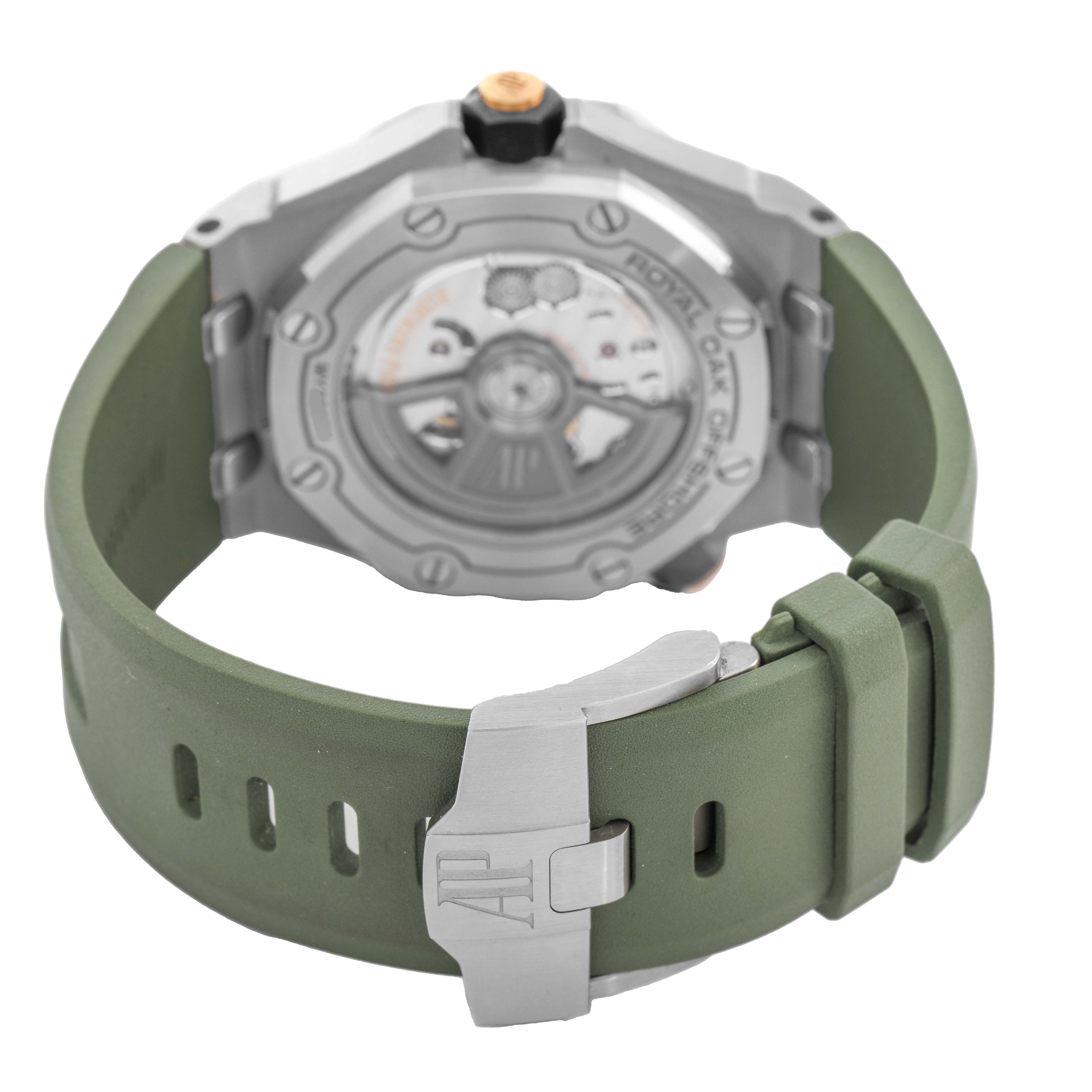 The image shows the back view of an Audemars Piguet Royal Oak Offshore 15720ST.OO.A052CA.01 Men's Stainless Steel Green Dial, highlighting the clasp and green strap.