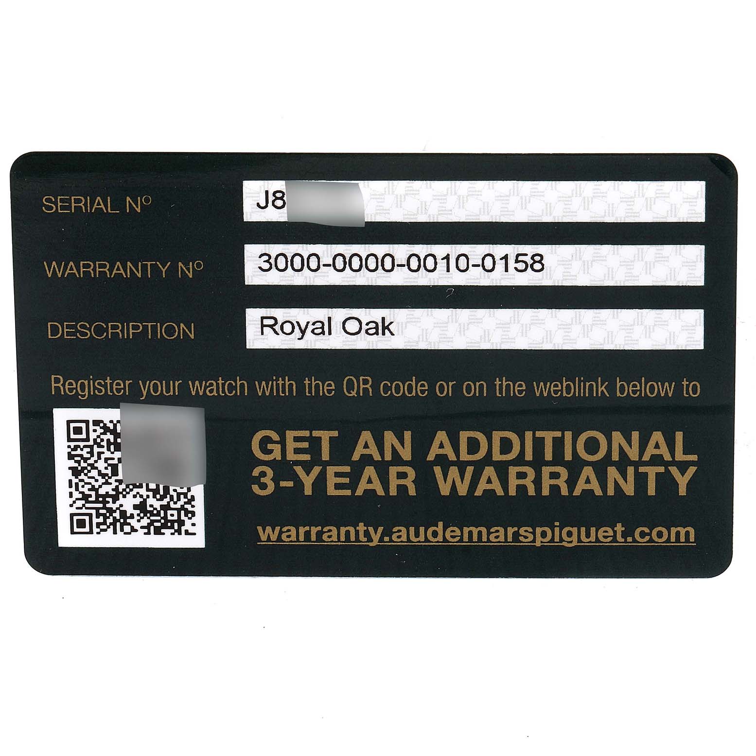 This image shows a warranty card for the Royal Oak model by Audemars Piguet, displaying the serial number, warranty number, and QR code.