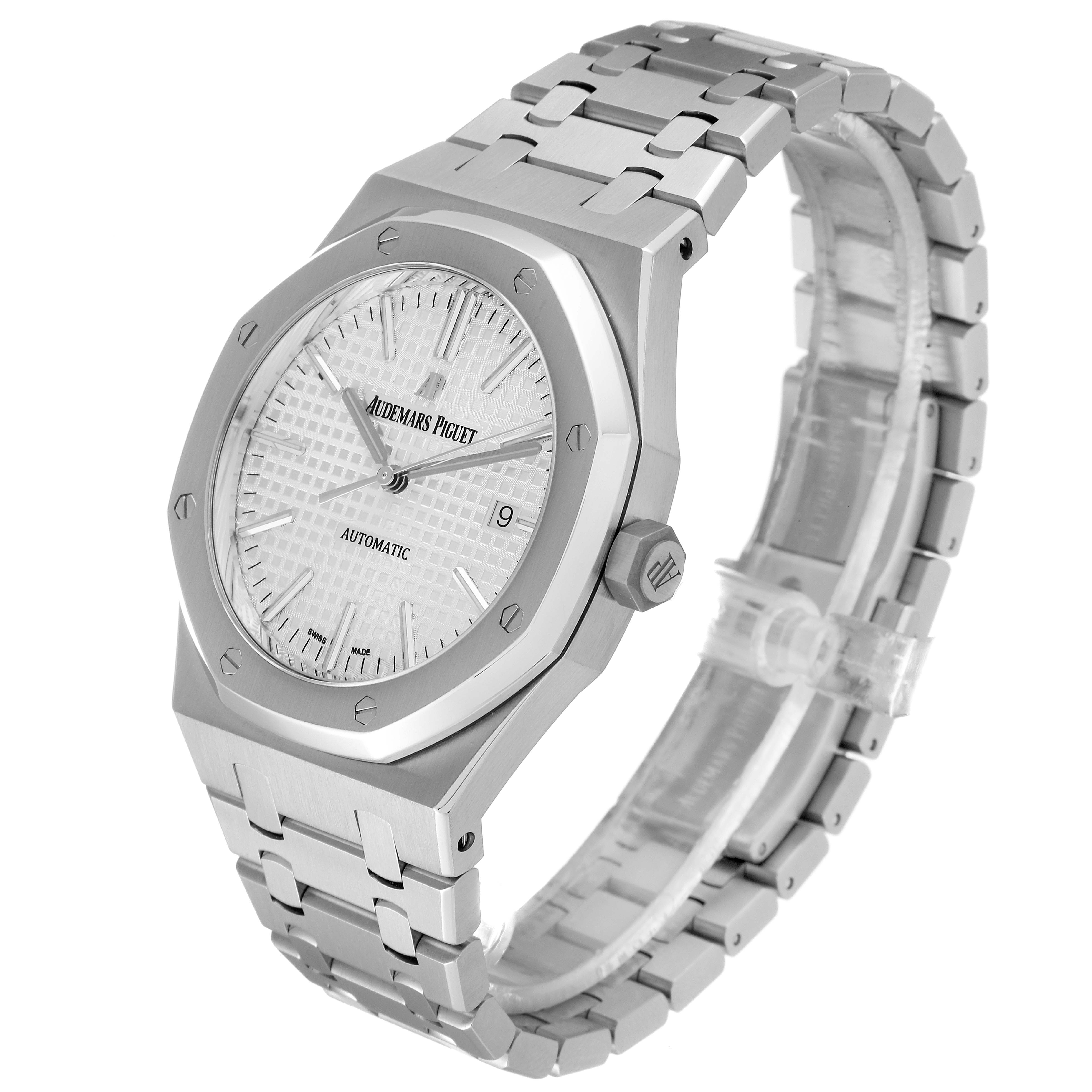 The image shows a Royal Oak model by Audemars Piguet from an angled view, highlighting the dial, bezel, and bracelet.