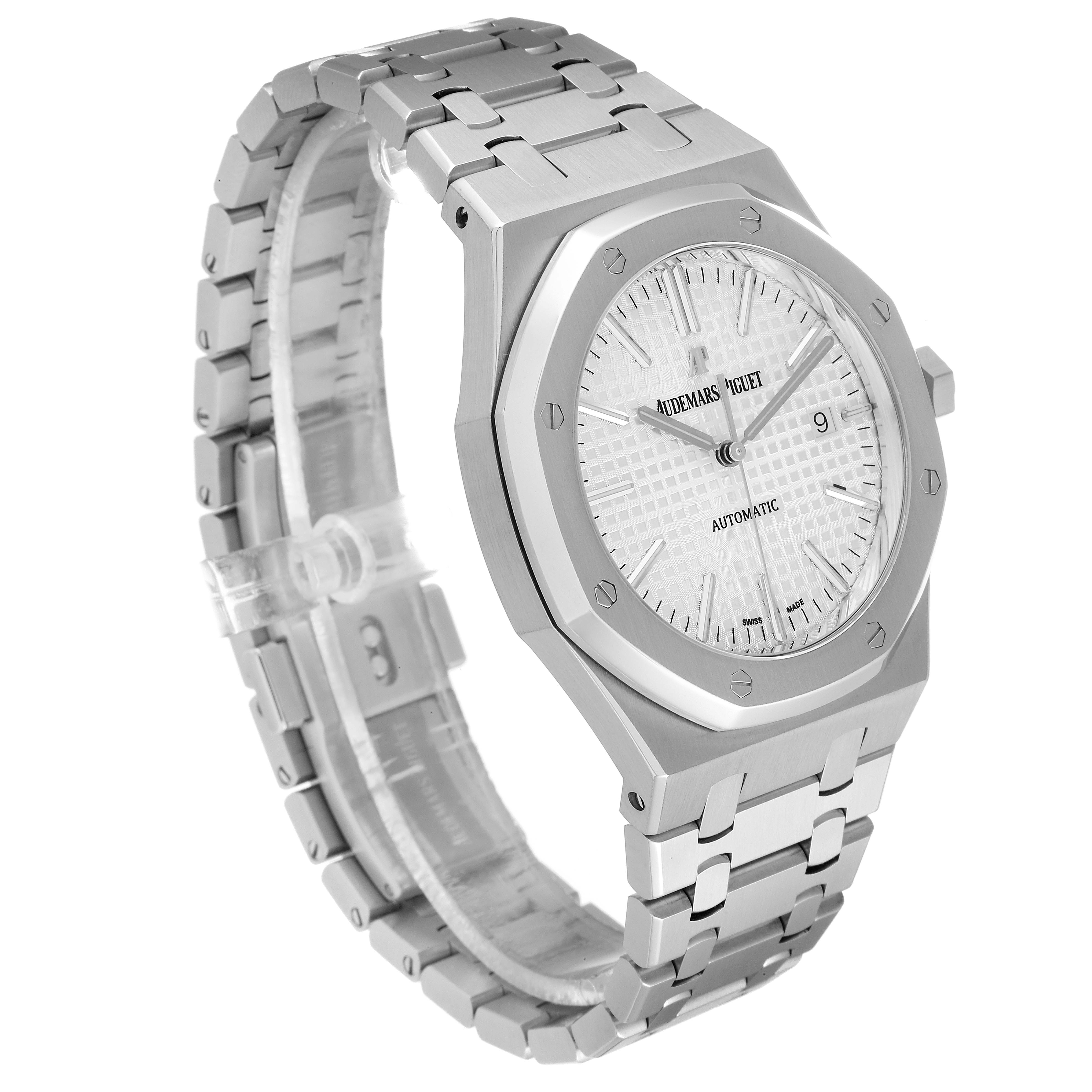 This image shows an Audemars Piguet Royal Oak 15400ST.OO.1220ST.02 Men's Stainless Steel White Dial 15400ST.OO.1220ST.02 Men's Stainless Steel White Dial watch from a left side angle, highlighting the watch face, bezel, and metal bracelet.