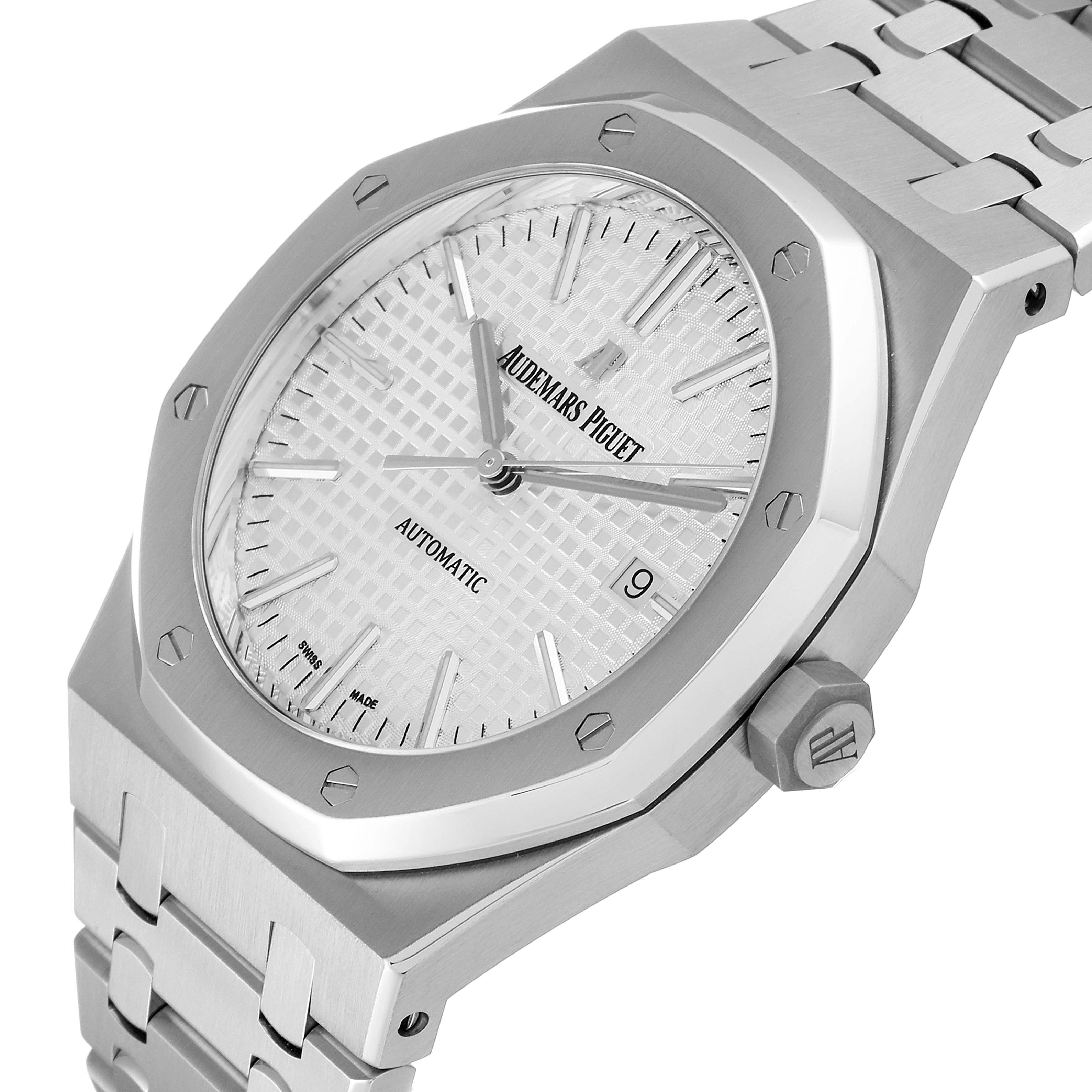 The image shows an Audemars Piguet Royal Oak 15400ST.OO.1220ST.02 Men's Stainless Steel White Dial 15400ST.OO.1220ST.02 Men's Stainless Steel White Dial watch at a slight top-side angle, highlighting its dial, bezel, crown, and bracelet.