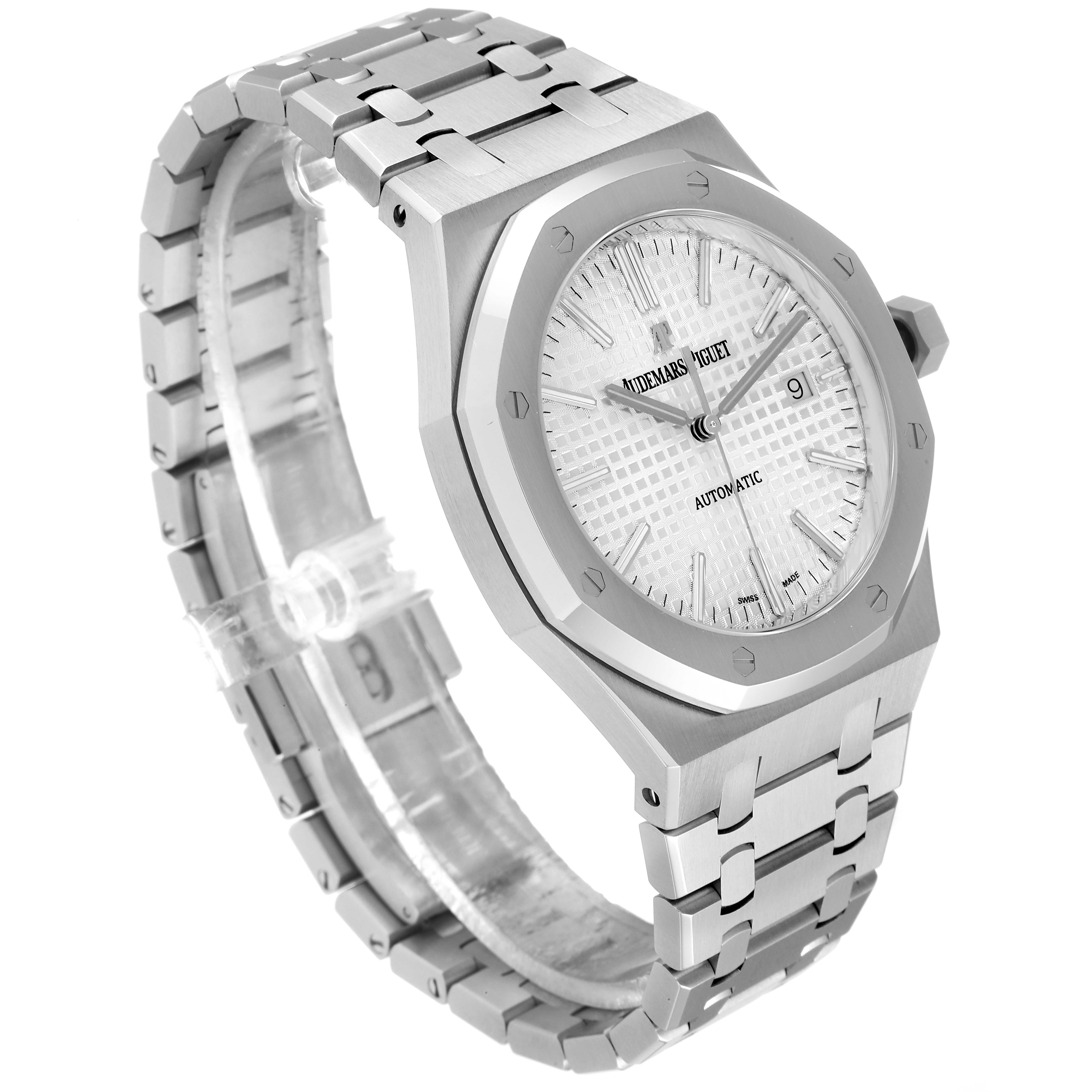 The image shows a side angle of the Audemars Piguet Royal Oak 15400ST.OO.1220ST.02 Men's Stainless Steel White Dial 15400ST.OO.1220ST.02 Men's Stainless Steel White Dial watch, highlighting its stainless steel bracelet, case, and dial.