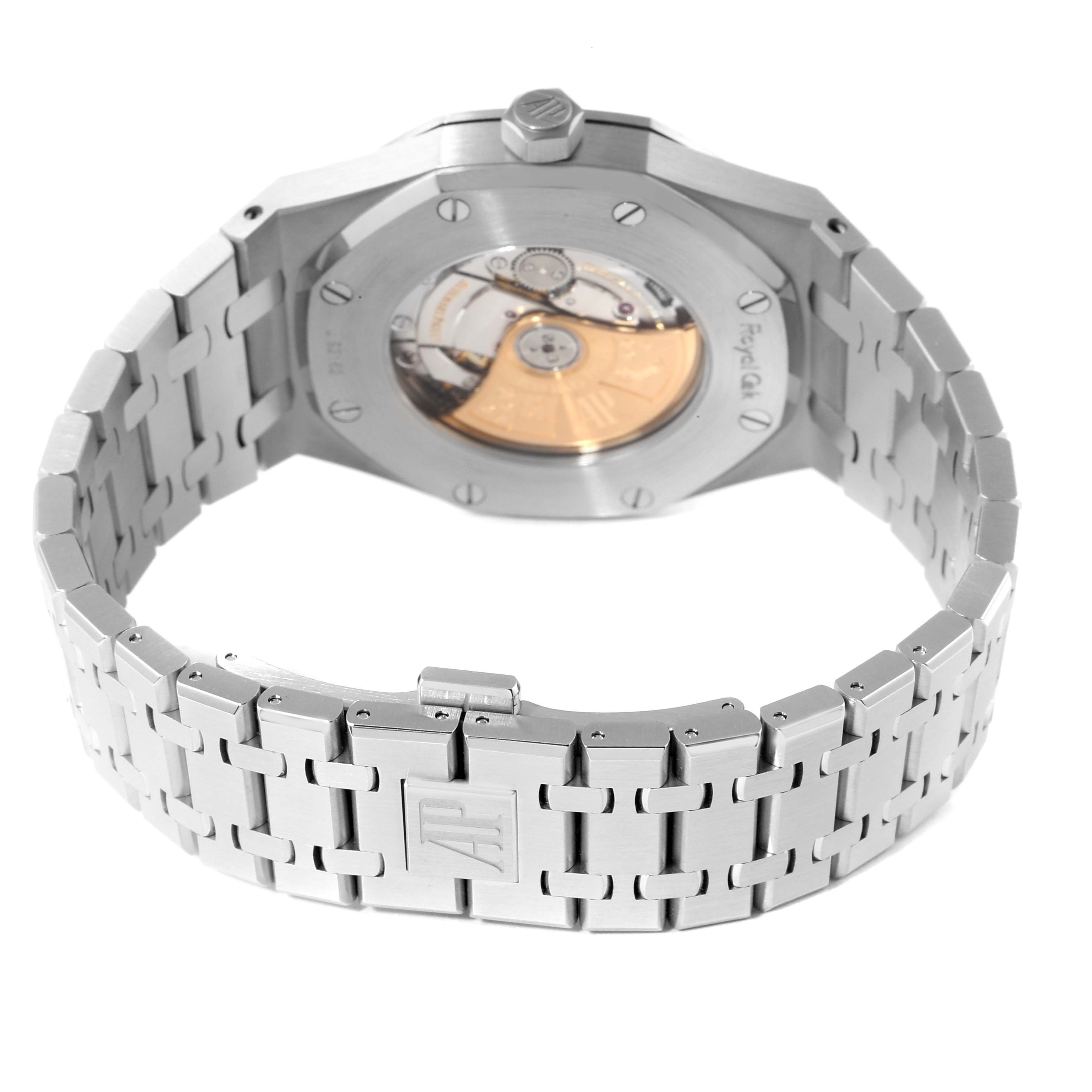 The image shows the back of an Audemars Piguet Royal Oak 15400ST.OO.1220ST.02 Men's Stainless Steel White Dial 15400ST.OO.1220ST.02 Men's Stainless Steel White Dial watch, highlighting its bracelet and the visible movement through the transparent case back.