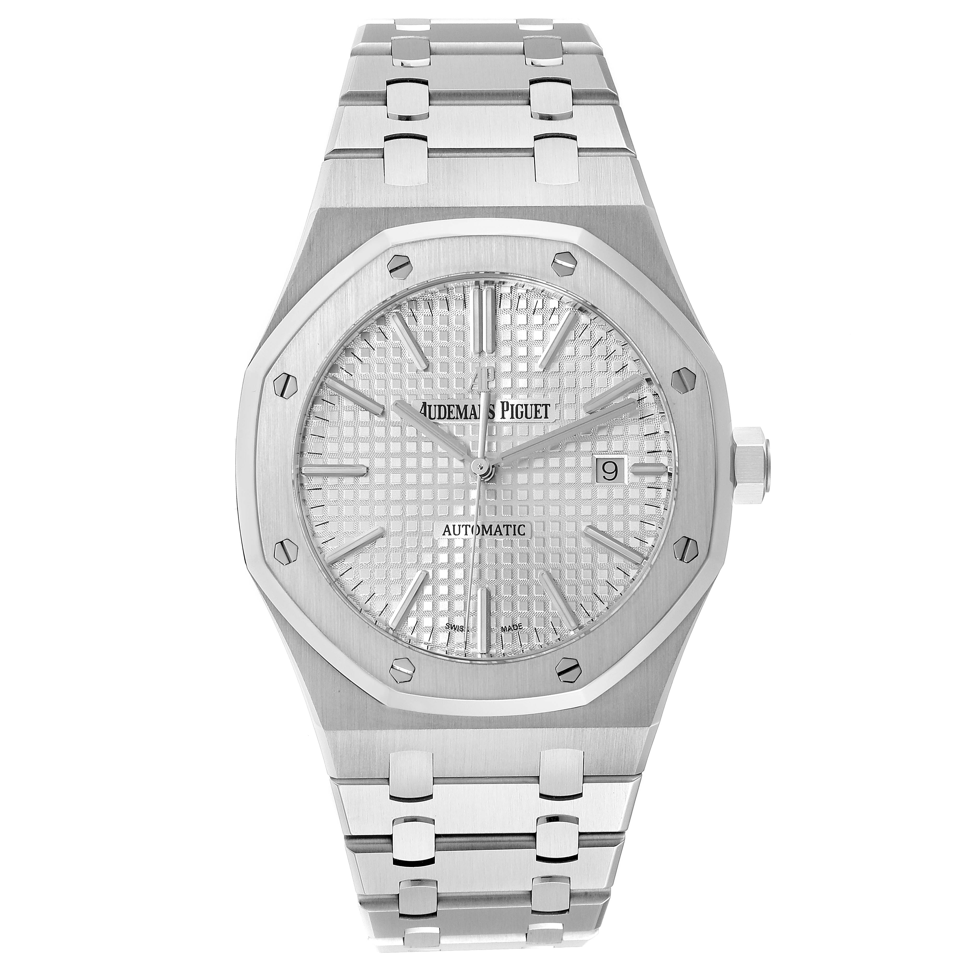 This image shows the Audemars Piguet Royal Oak 15400ST.OO.1220ST.02 Men's Stainless Steel White Dial 15400ST.OO.1220ST.02 Men's Stainless Steel White Dial watch from a front angle, highlighting its octagonal bezel, dial, and bracelet.