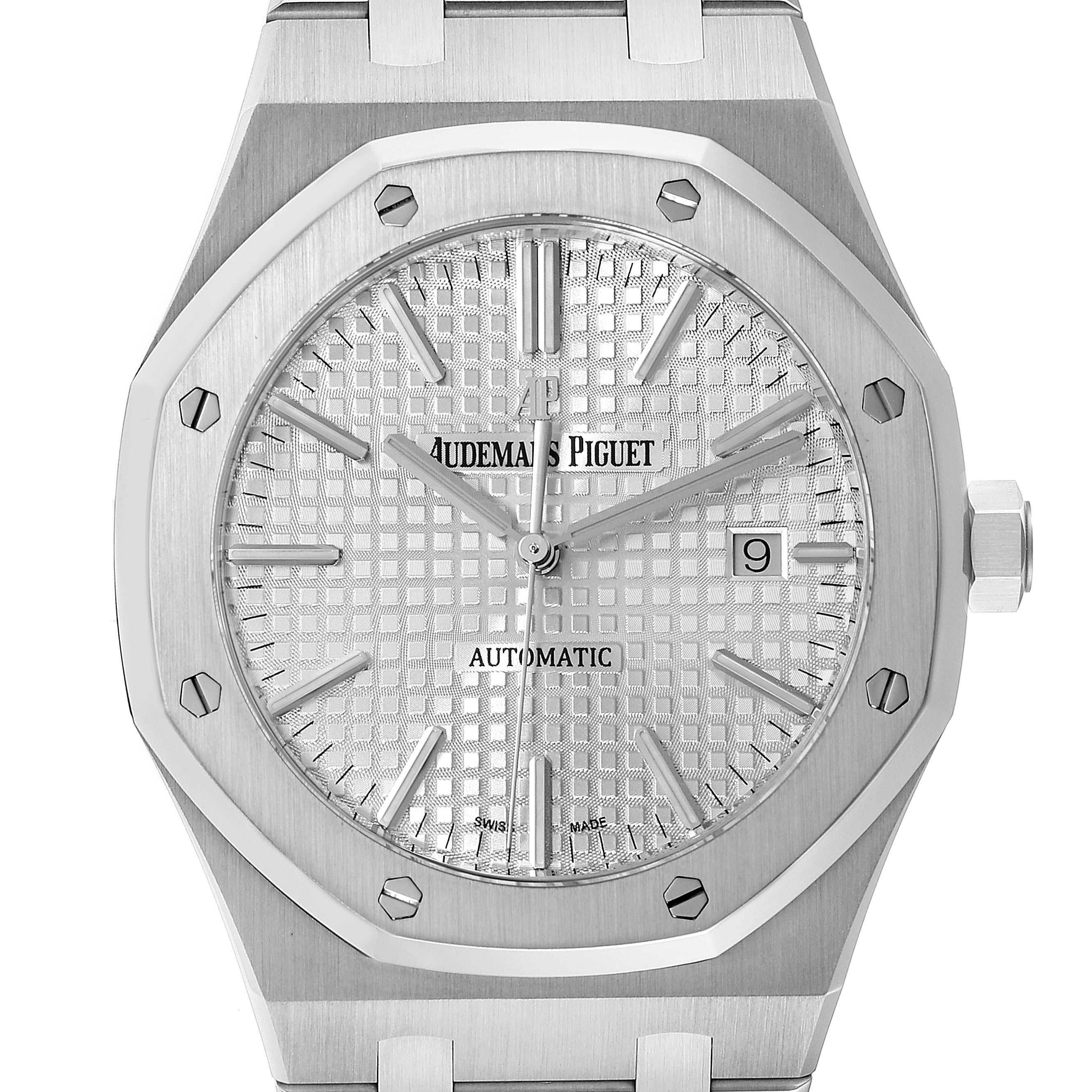 The image shows a front view of the Audemars Piguet Royal Oak 15400ST.OO.1220ST.02 Men's Stainless Steel White Dial 15400ST.OO.1220ST.02 Men's Stainless Steel White Dial watch, highlighting the octagonal bezel, tapisserie dial, date window, and hands.