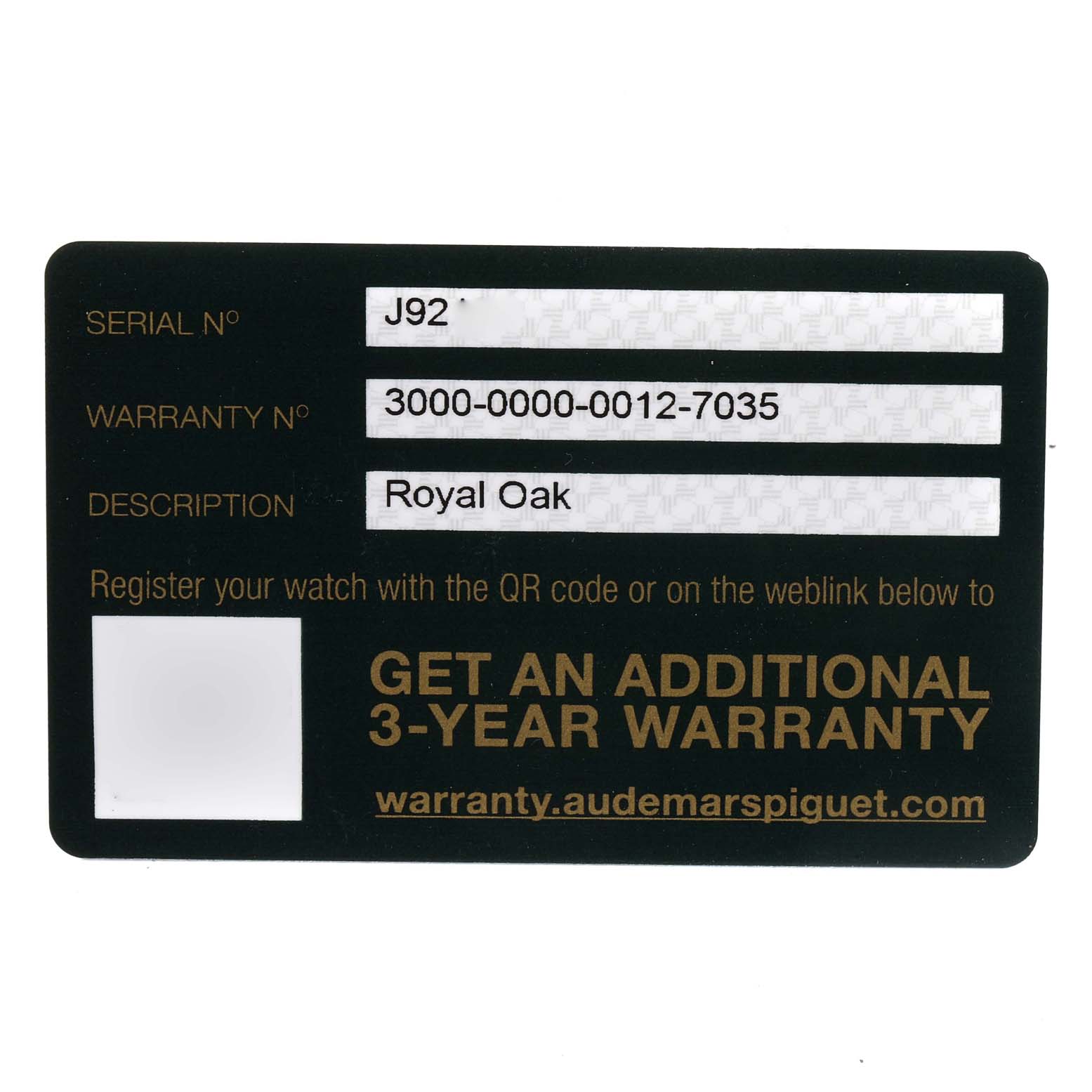 The image shows a warranty card for an Audemars Piguet Royal Oak 15400ST.OO.1220ST.02 Men's Stainless Steel White Dial 15400ST.OO.1220ST.02 Men's Stainless Steel White Dial watch, displaying the serial number, warranty number, and the watch model description.