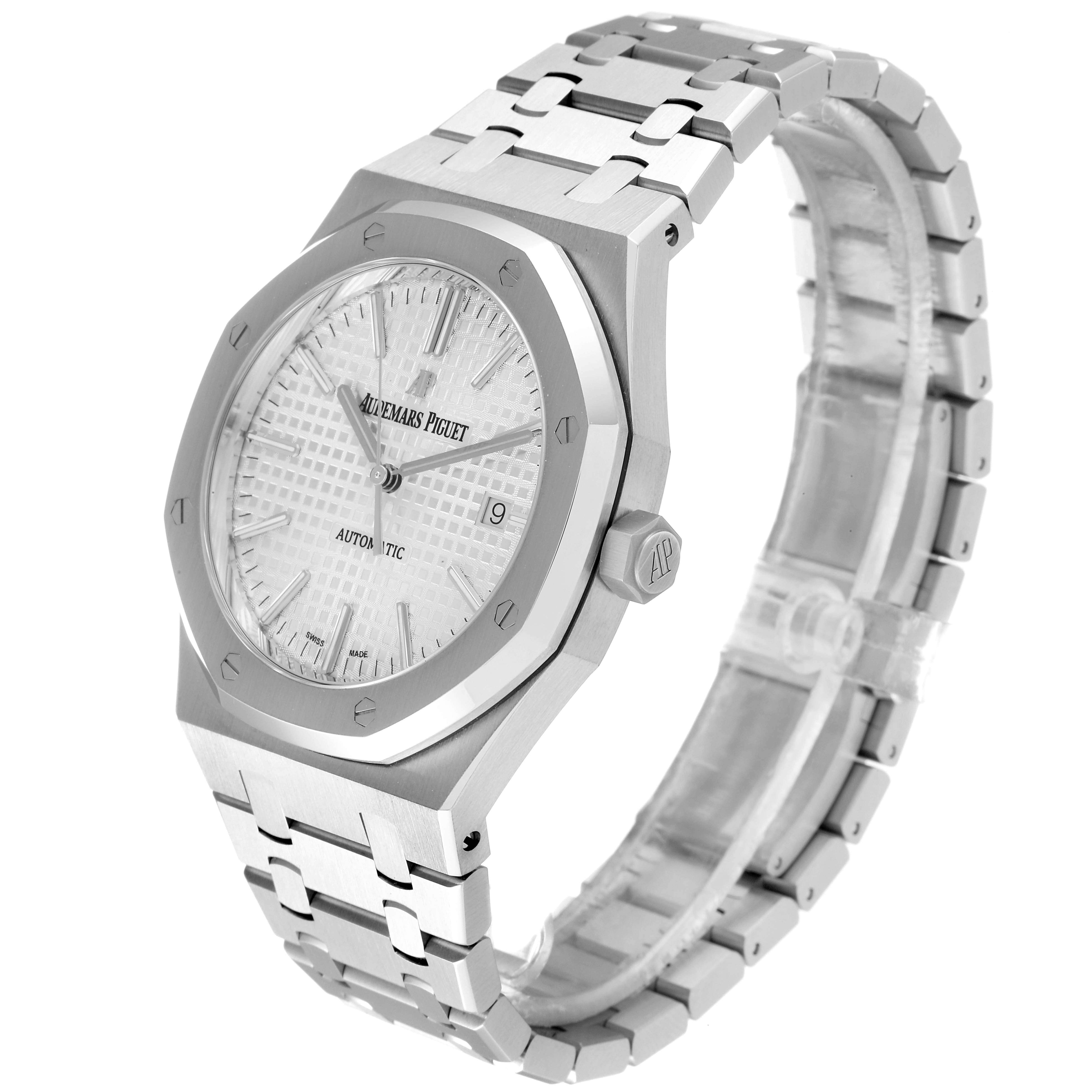 This image shows an Audemars Piguet Royal Oak 15400ST.OO.1220ST.02 Men's Stainless Steel White Dial 15400ST.OO.1220ST.02 Men's Stainless Steel White Dial watch at a three-quarter angle, featuring the dial, bezel, case, and bracelet.