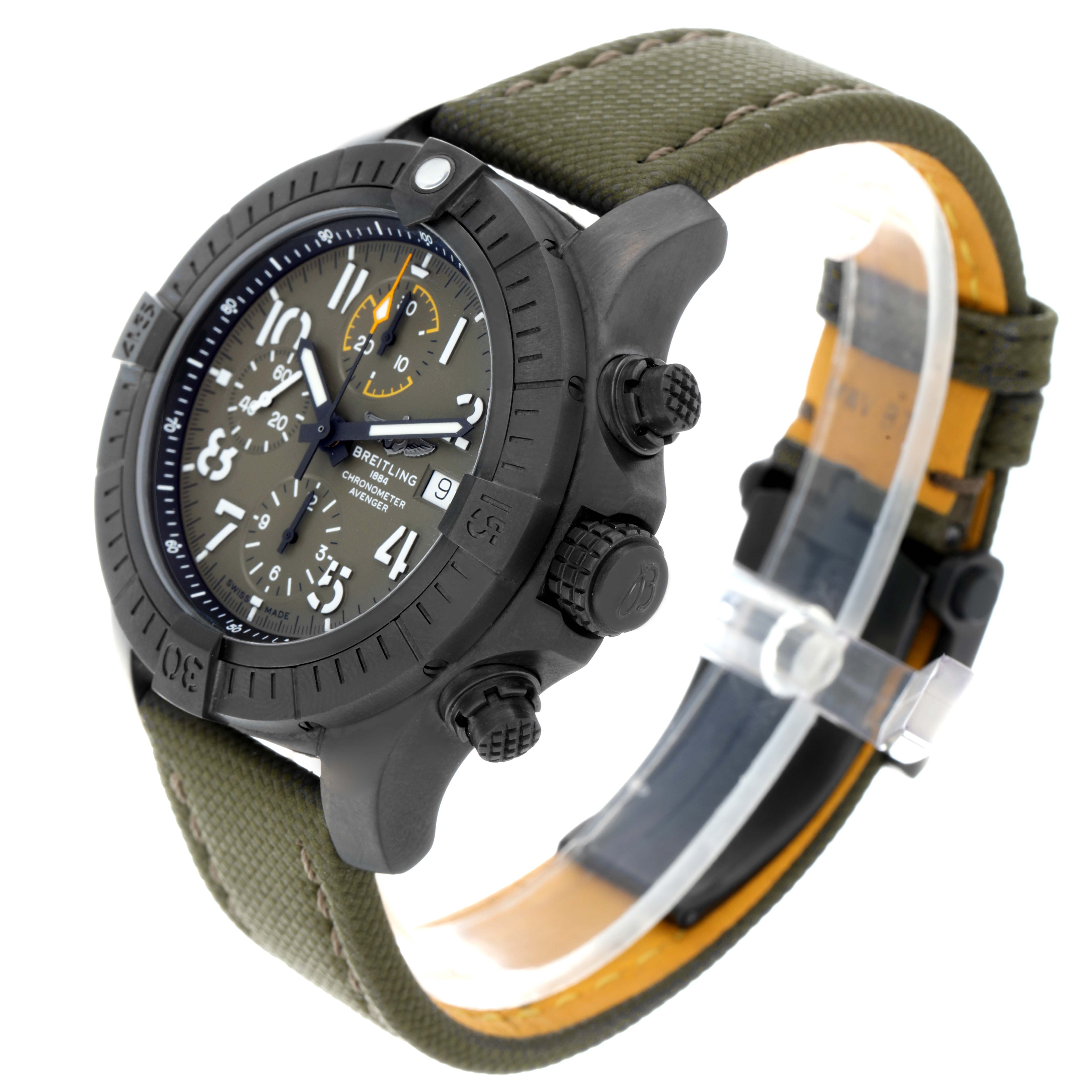 The Breitling Avenger V13317 Men
s Titanium Green Dial is shown at a three-quarter angle, highlighting the dial, bezel, crown, pushers, and strap.