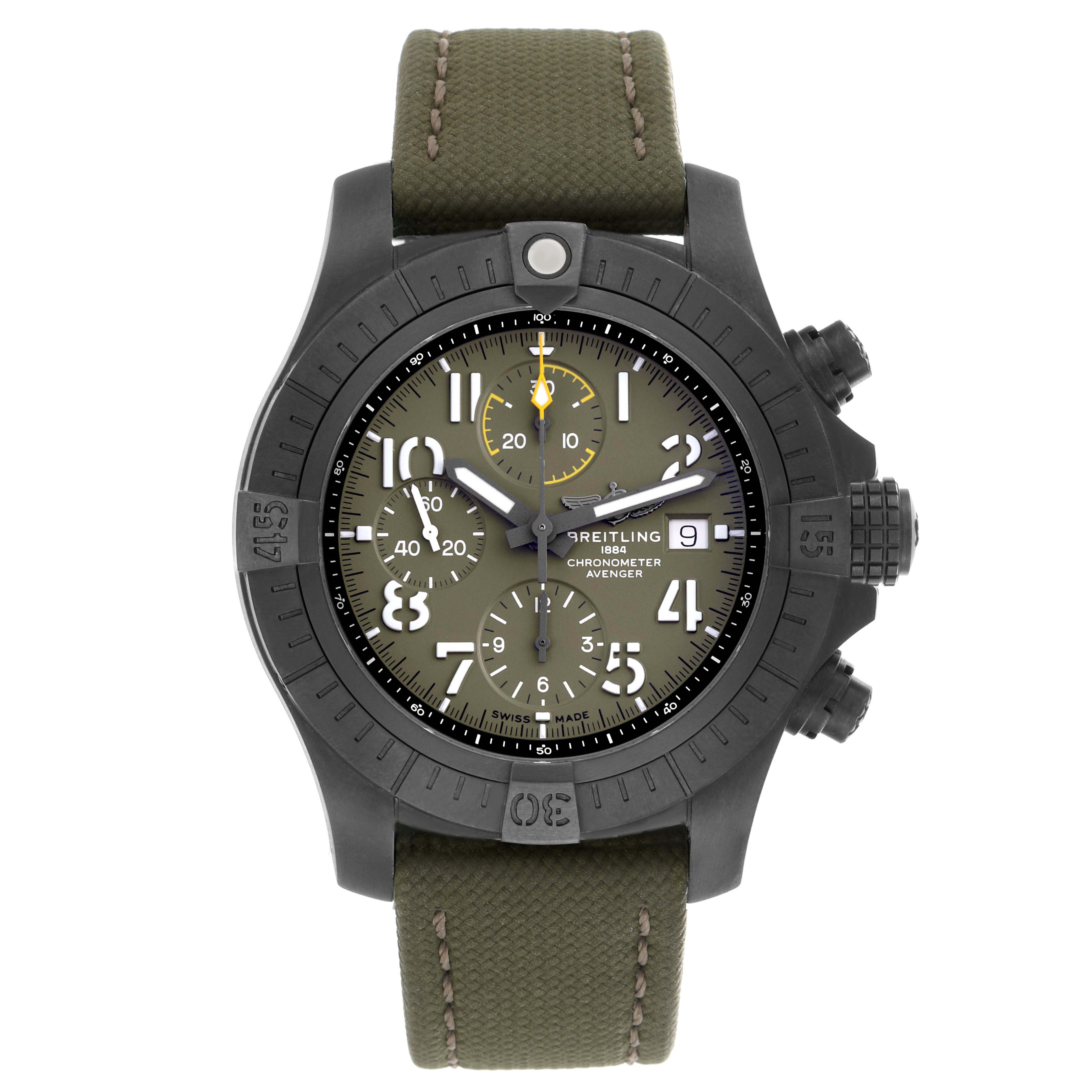 The Breitling Avenger V13317 Men
s Titanium Green Dial watch is shown from a front angle, highlighting its face, bezel, and strap.