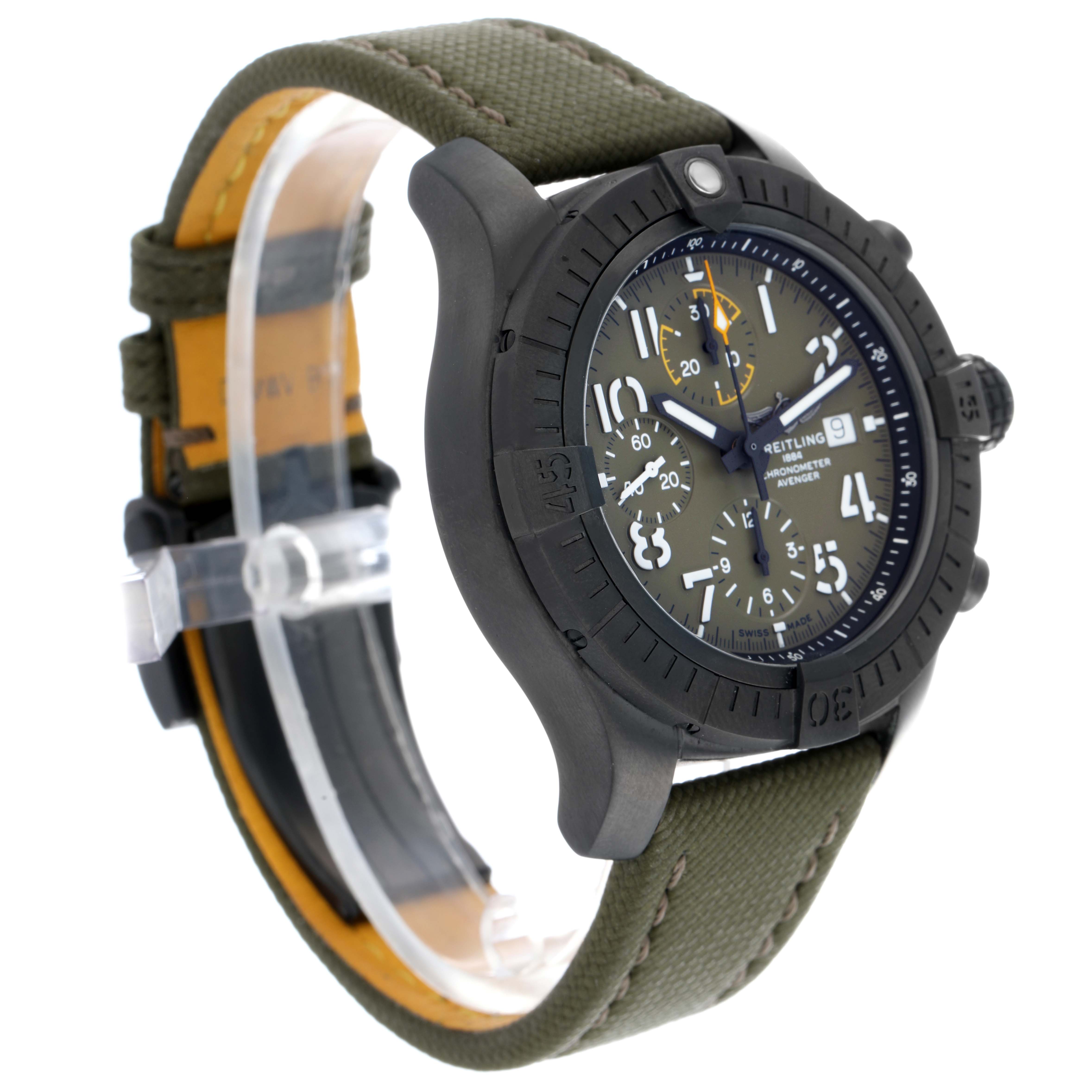 The Breitling Avenger V13317 Men
s Titanium Green Dial watch is shown at a three-quarter angle, displaying the face, bezel, and green strap.