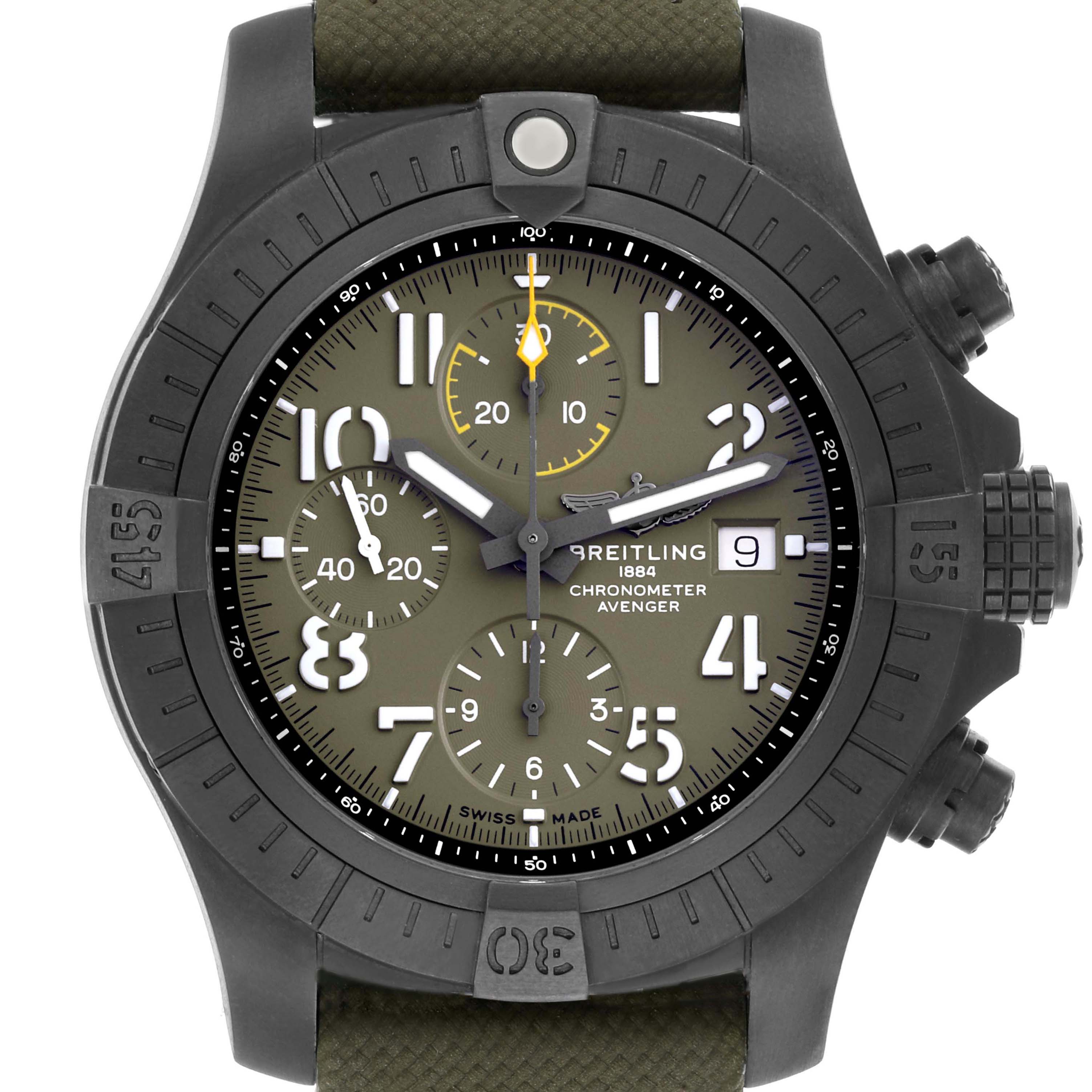 The Breitling Avenger V13317 Men
s Titanium Green Dial watch is shown from a front angle displaying the dial, subdials, and bezel clearly.