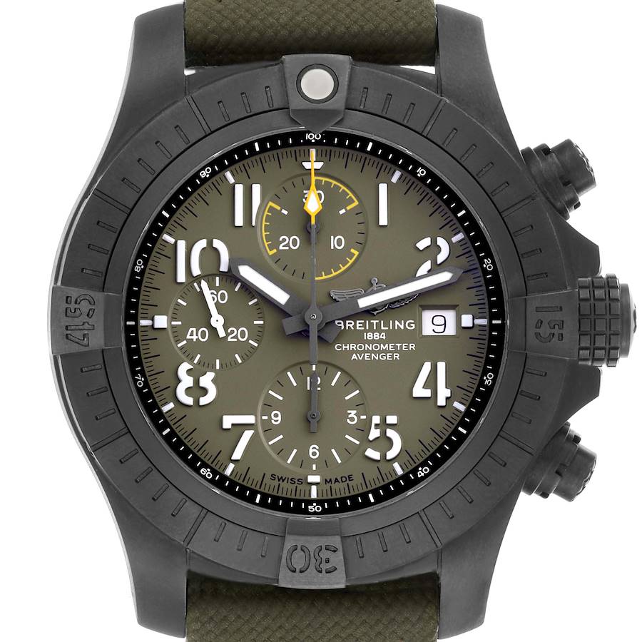 The Breitling Avenger V13317 Men's Titanium Green Dial watch is shown from a front angle displaying the dial, subdials, and bezel clearly.
