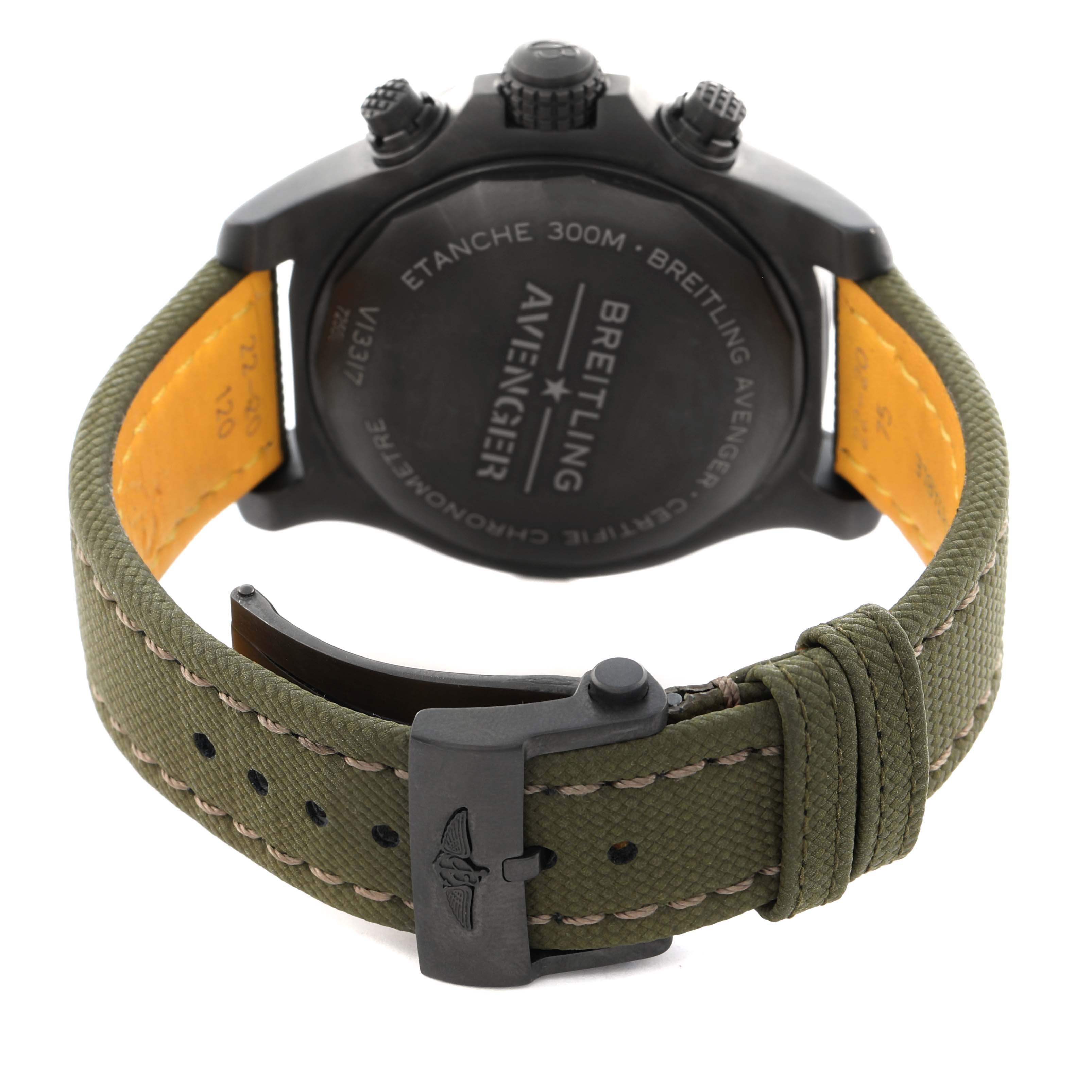 The Breitling Avenger V13317 Men
s Titanium Green Dial watch is shown from the back, highlighting the case back, strap, and buckle.