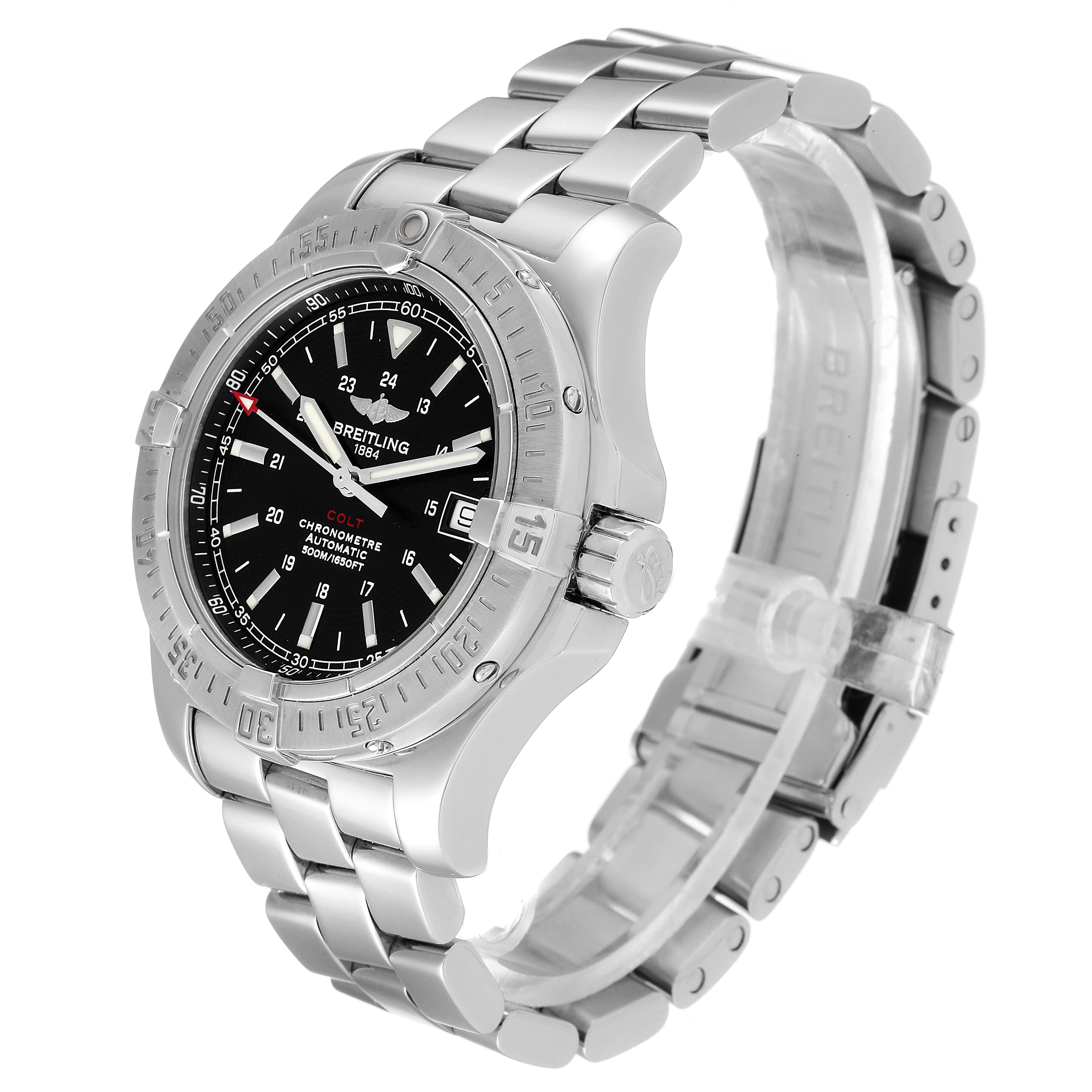 The image shows a side-angle view of the Breitling Colt A17380 Men's Stainless Steel Black Dial A17380 Men's Stainless Steel Black Dial watch, highlighting the bracelet and dial.