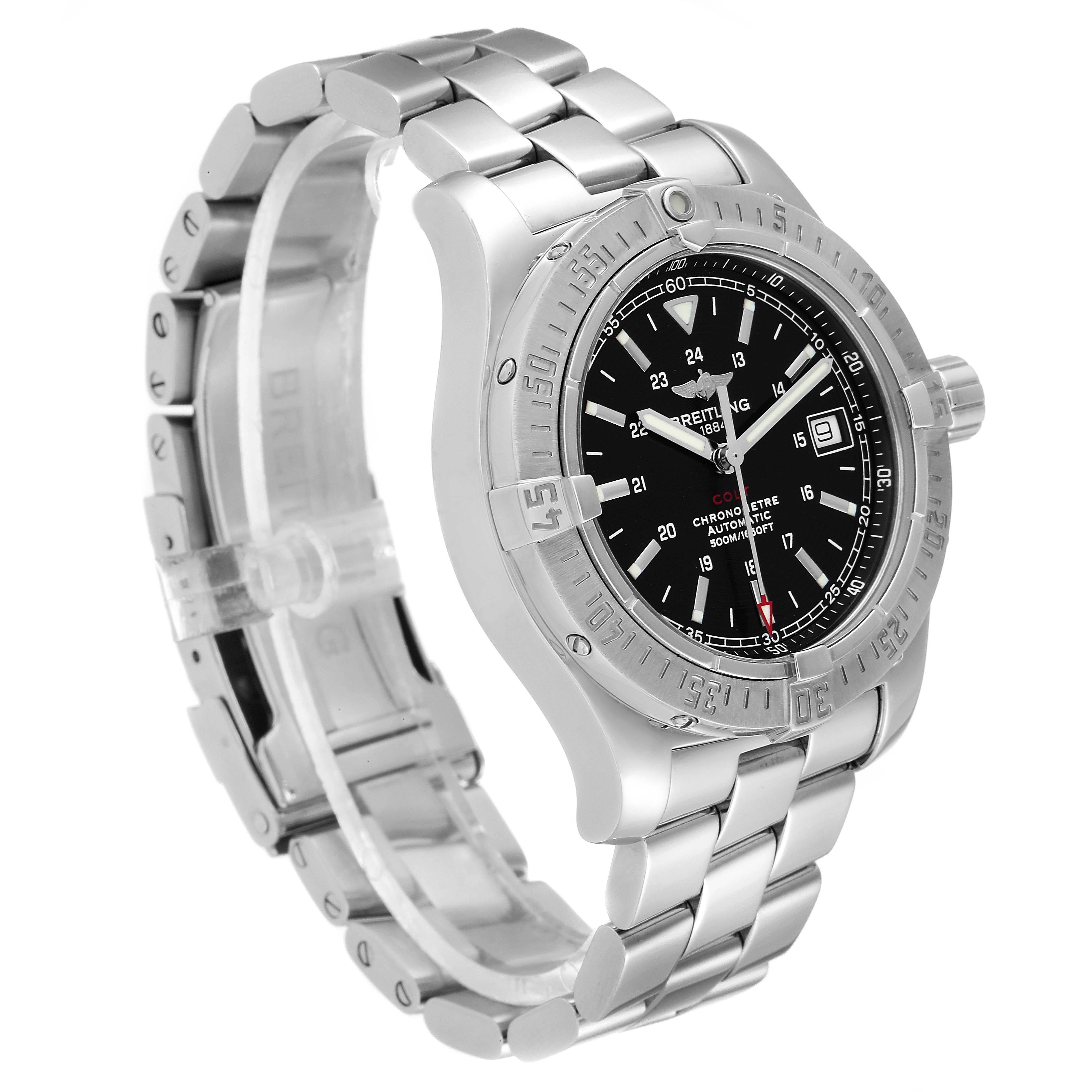 The image shows a side angle of a Breitling Colt A17380 Men's Stainless Steel Black Dial A17380 Men's Stainless Steel Black Dial watch, highlighting its metal bracelet, bezel, black dial, and crown.