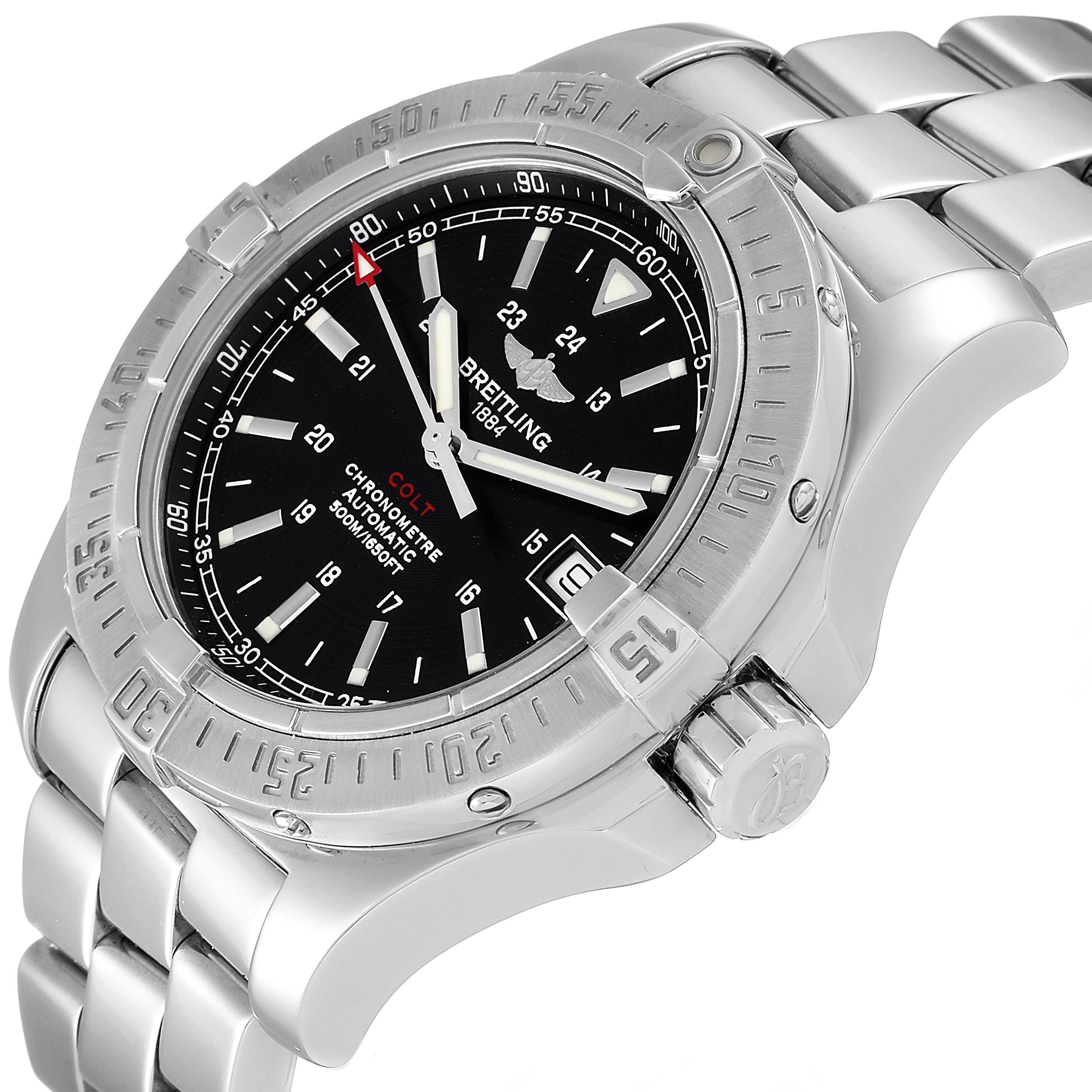 This image shows a Breitling Colt A17380 Men's Stainless Steel Black Dial A17380 Men's Stainless Steel Black Dial model watch at a slight angle, displaying the dial, bezel, case, and part of the stainless steel bracelet.