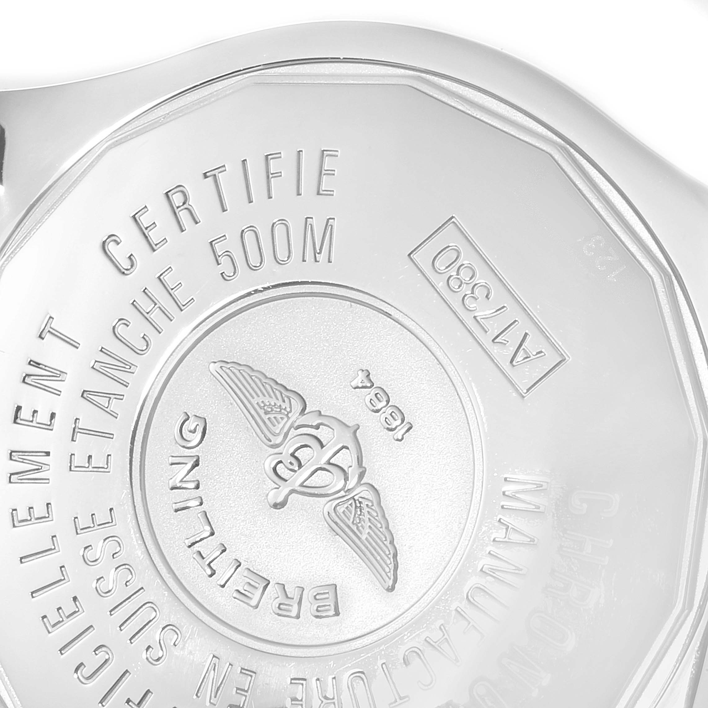 This image shows the back case of a Breitling Colt A17380 Men's Stainless Steel Black Dial A17380 Men's Stainless Steel Black Dial watch, highlighting the engraved certification details.