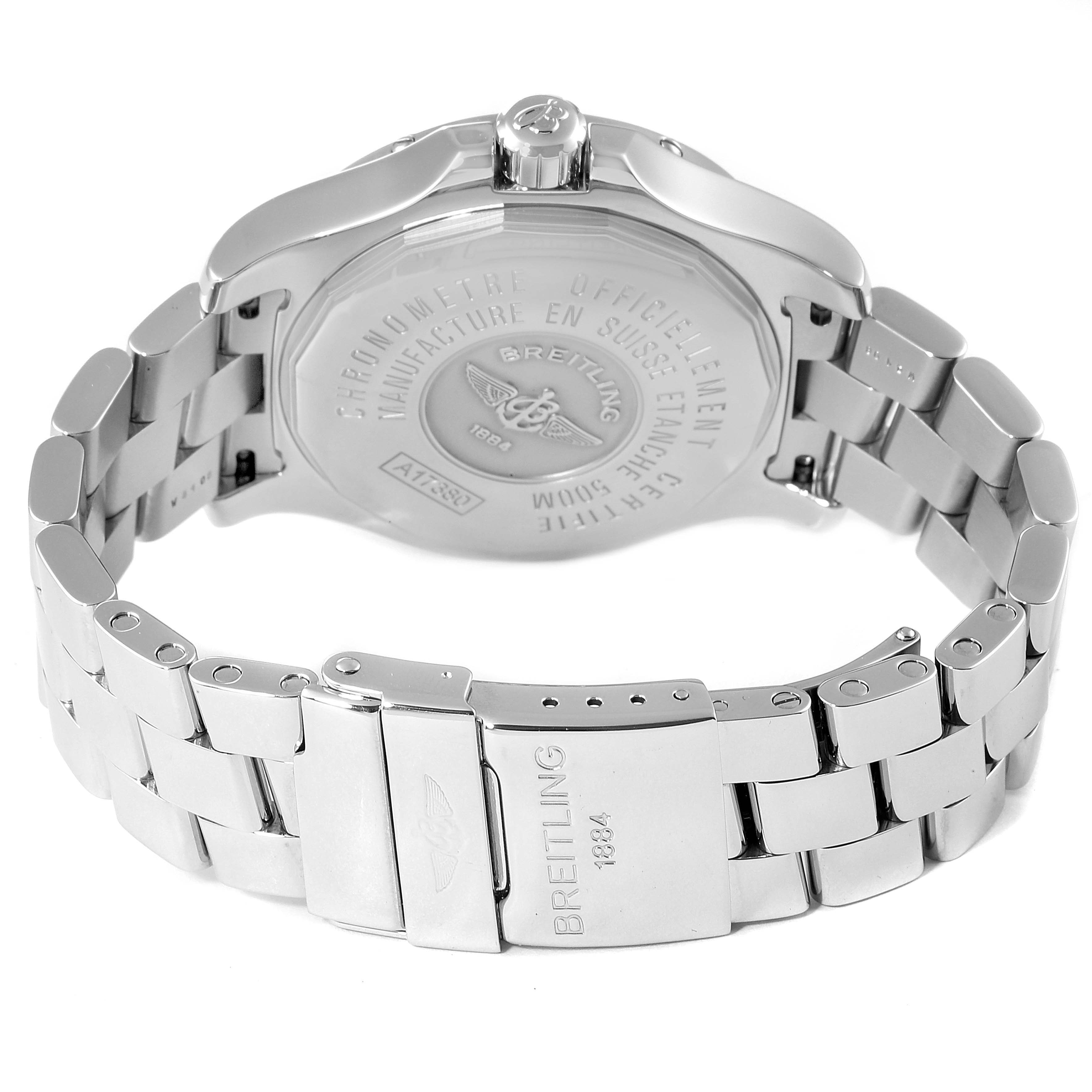 The image shows the back and bracelet of the Breitling Colt A17380 Men's Stainless Steel Black Dial A17380 Men's Stainless Steel Black Dial watch, highlighting the case back, crown, and clasp.