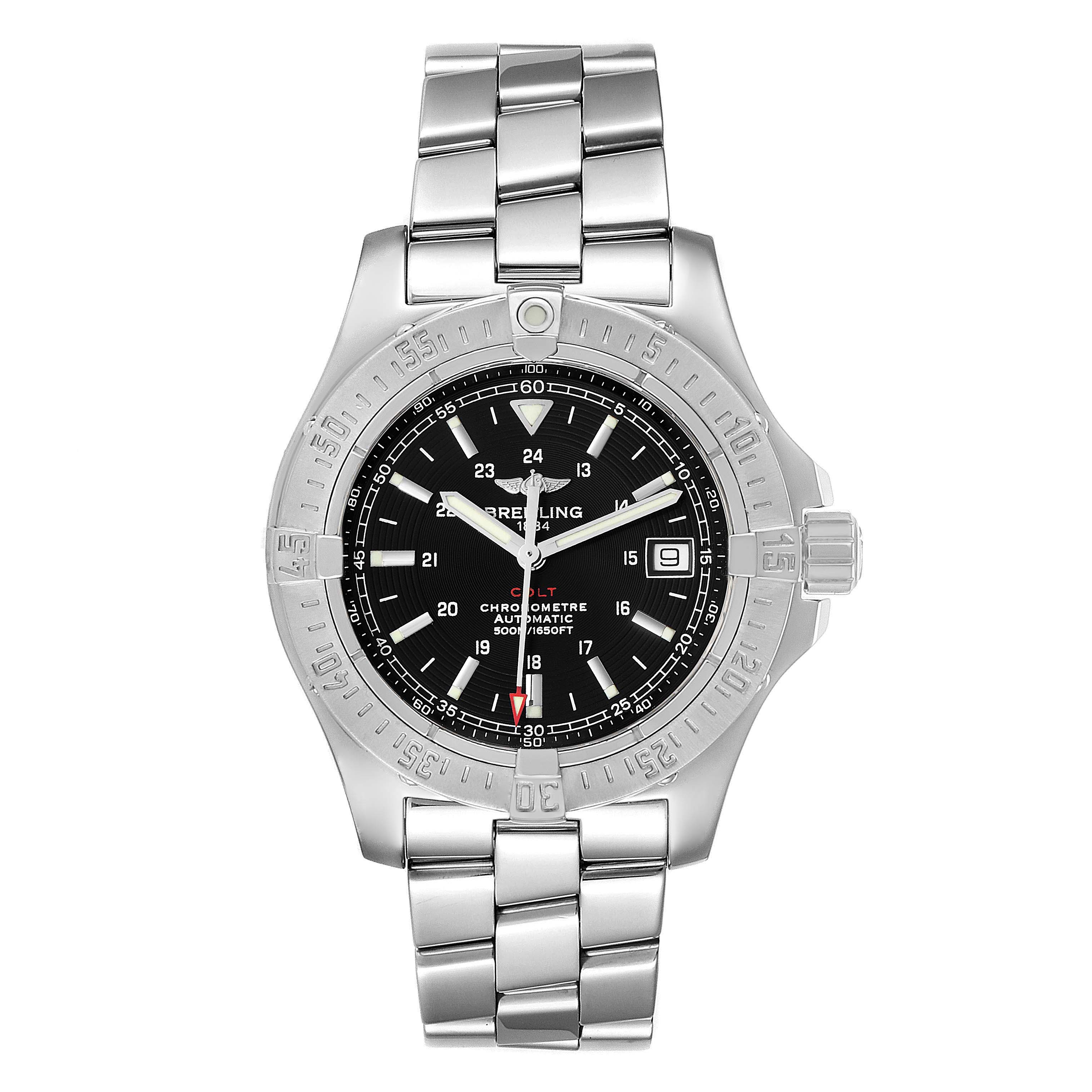 The image shows a front view of a Breitling Colt A17380 Men's Stainless Steel Black Dial A17380 Men's Stainless Steel Black Dial watch, highlighting the face, bezel, and metal bracelet.