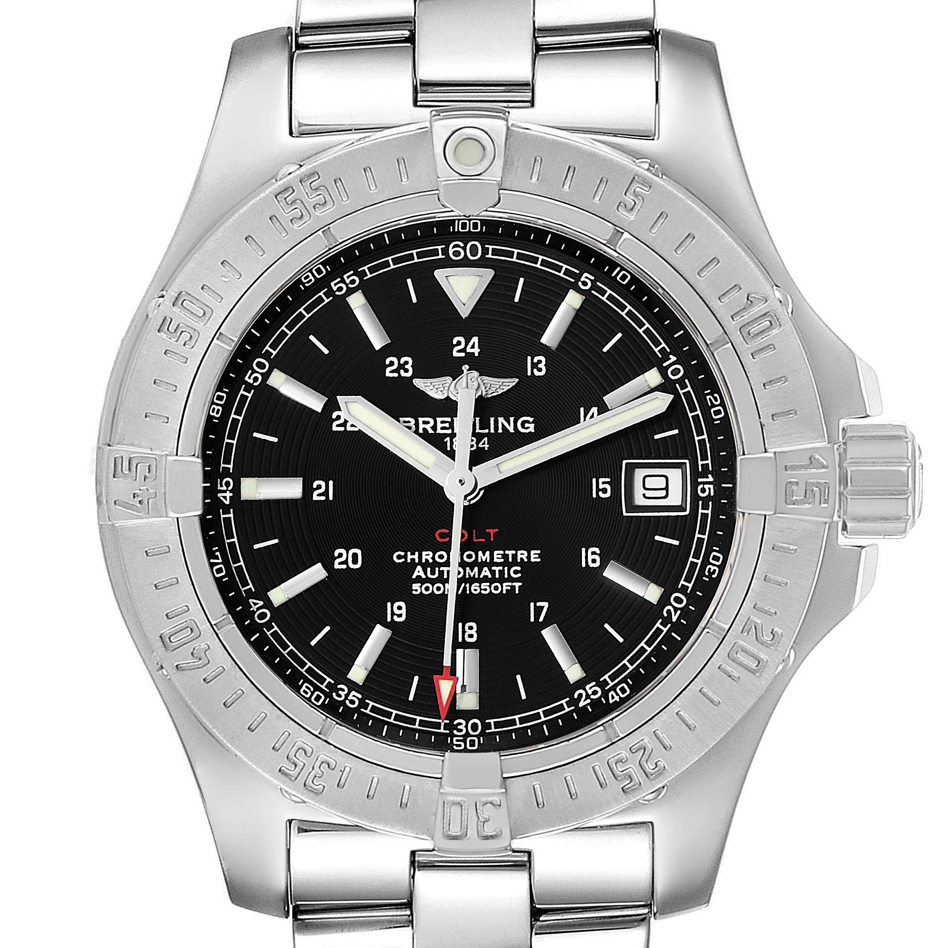 The image shows a front view of a Breitling Colt A17380 Men's Stainless Steel Black Dial A17380 Men's Stainless Steel Black Dial watch, highlighting the bezel, dial, hands, and part of the bracelet.
