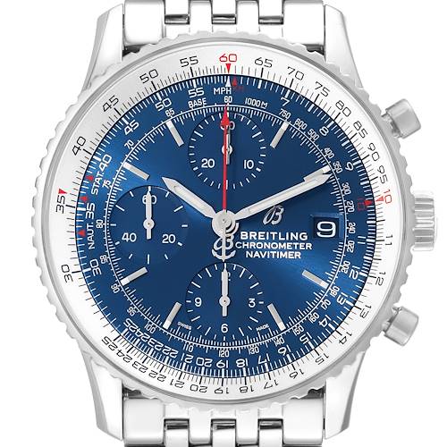 The image shows a front view of the Breitling Navitimer watch, highlighting its blue dial, chronographs, and stainless steel bracelet.