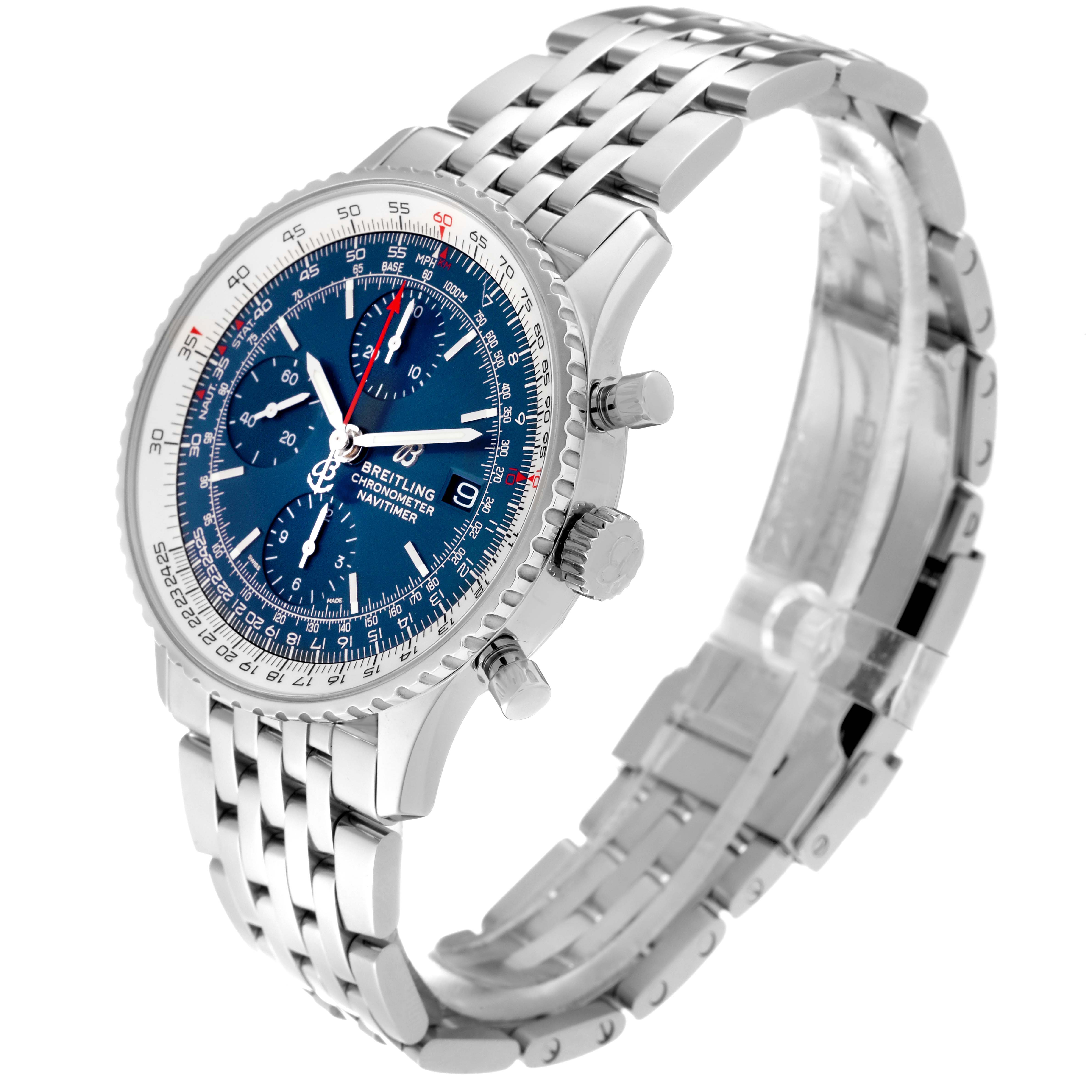 This Breitling Navitimer A13324121C1A1 Men's Stainless Steel Blue Dial A13324121C1A1 Men's Stainless Steel Blue Dial watch is shown at an angled side view, displaying the face, bezel, crown, and metal bracelet.
