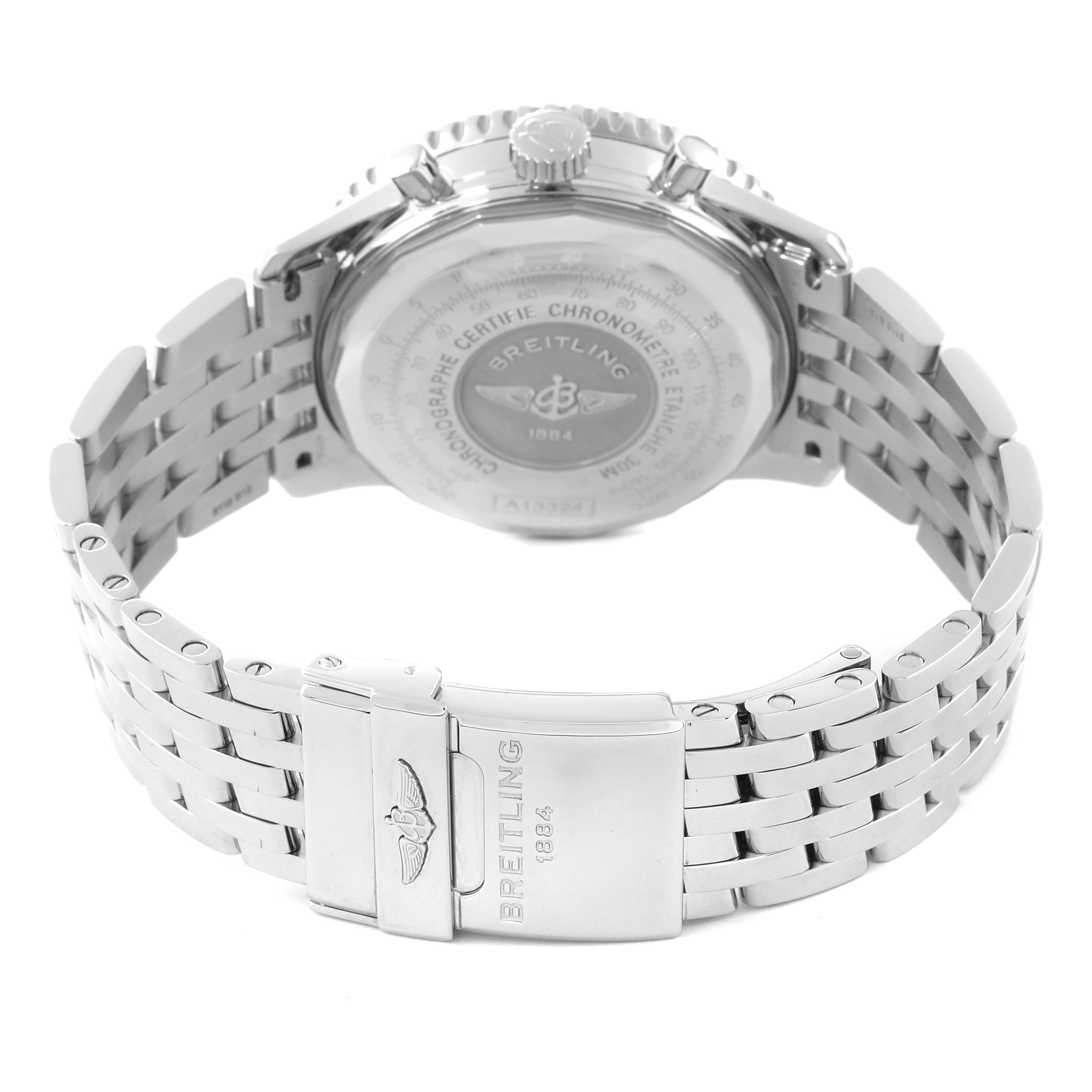 This image shows the back case and steel bracelet of a Breitling Navitimer A13324121C1A1 Men's Stainless Steel Blue Dial A13324121C1A1 Men's Stainless Steel Blue Dial watch.