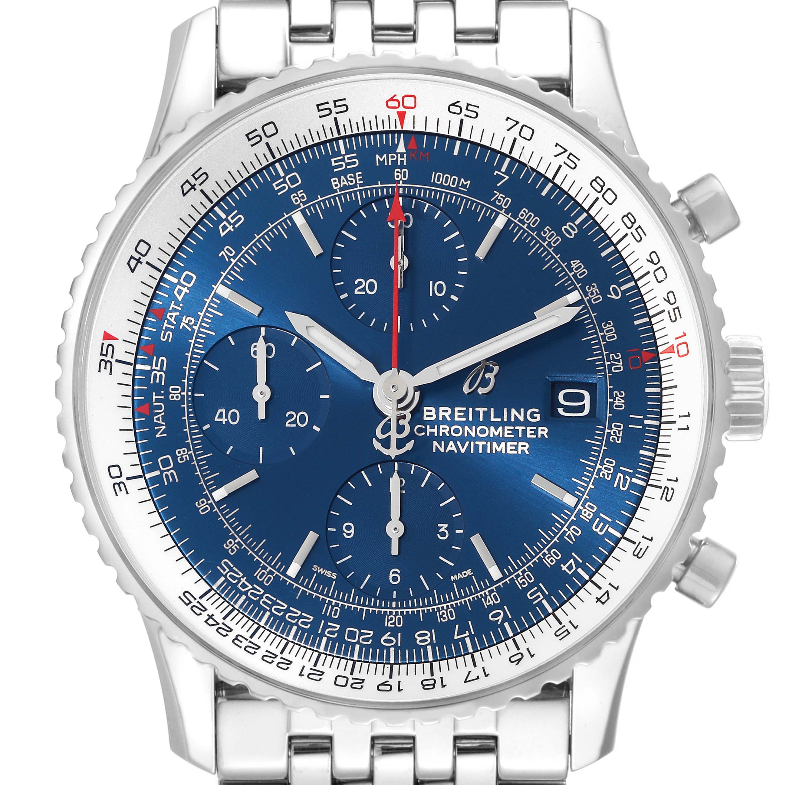 The image shows a frontal view of the Breitling Navitimer A13324121C1A1 Men's Stainless Steel Blue Dial A13324121C1A1 Men's Stainless Steel Blue Dial watch, highlighting its blue dial, chronograph subdials, and stainless steel bracelet.