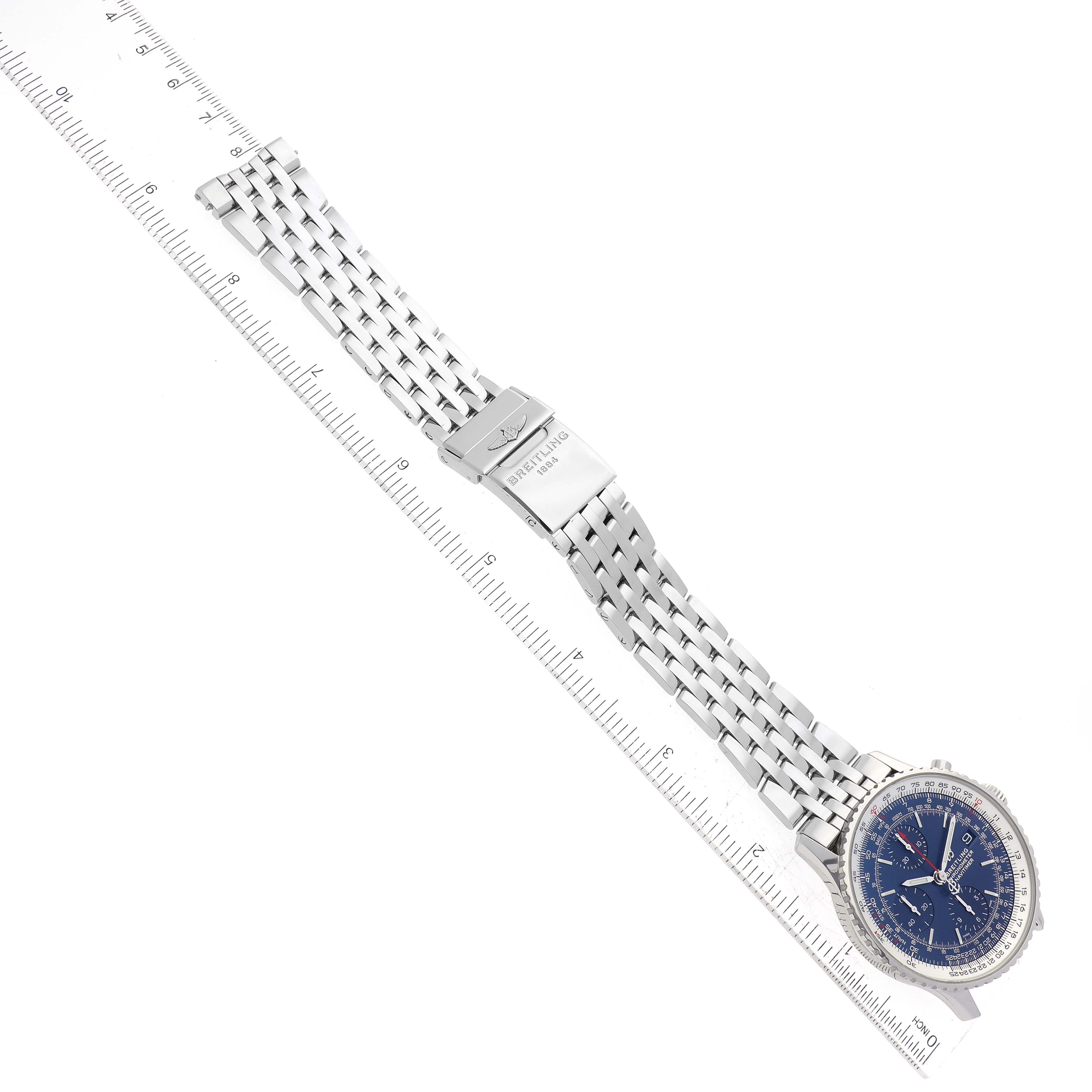 The image shows the Breitling Navitimer A13324121C1A1 Men's Stainless Steel Blue Dial A13324121C1A1 Men's Stainless Steel Blue Dial watch from a top-down angle, highlighting its face, bezel, and stainless steel bracelet.