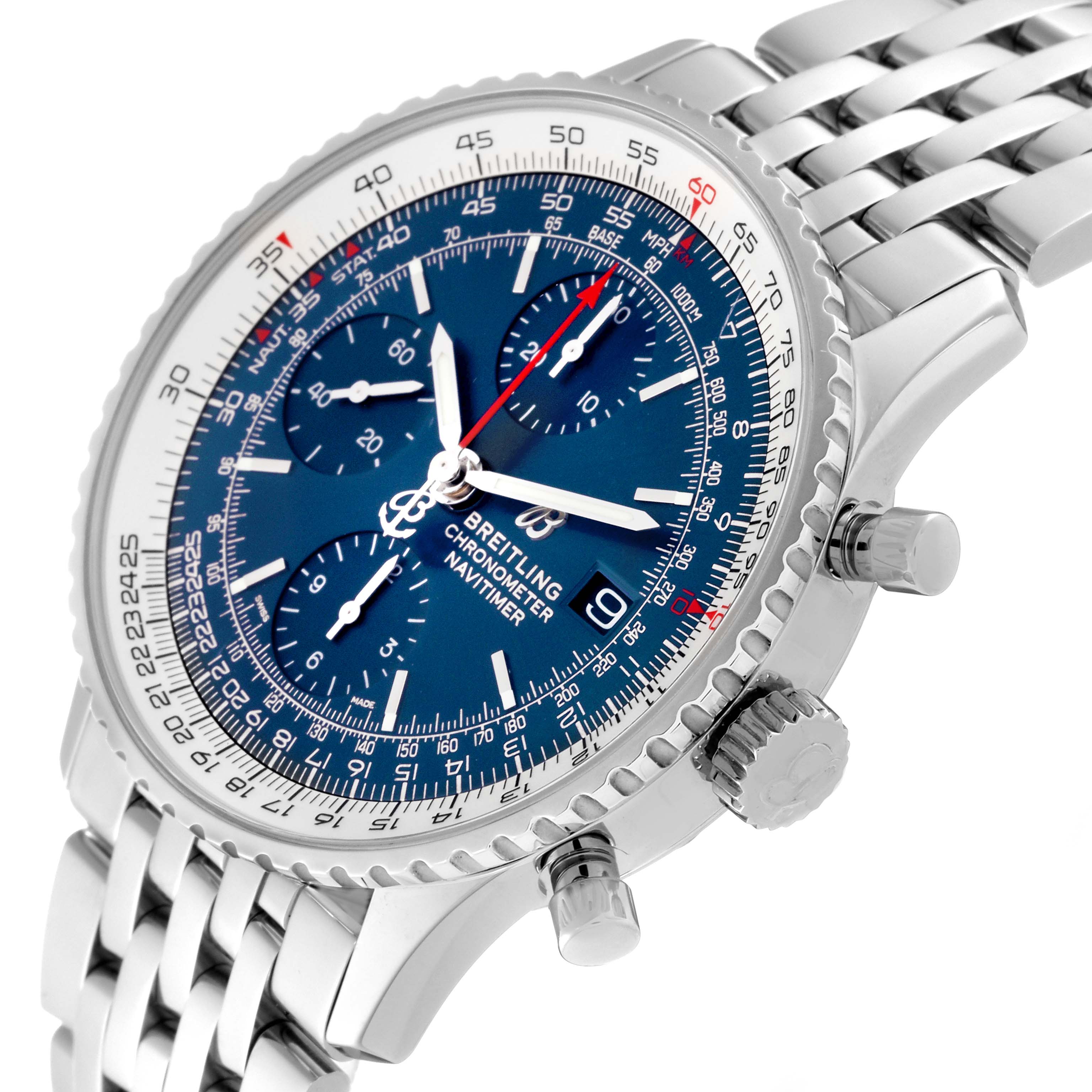 The image shows an angled view of the Breitling Navitimer A13324121C1A1 Men's Stainless Steel Blue Dial A13324121C1A1 Men's Stainless Steel Blue Dial watch face, crown, pushers, and part of the metal bracelet.