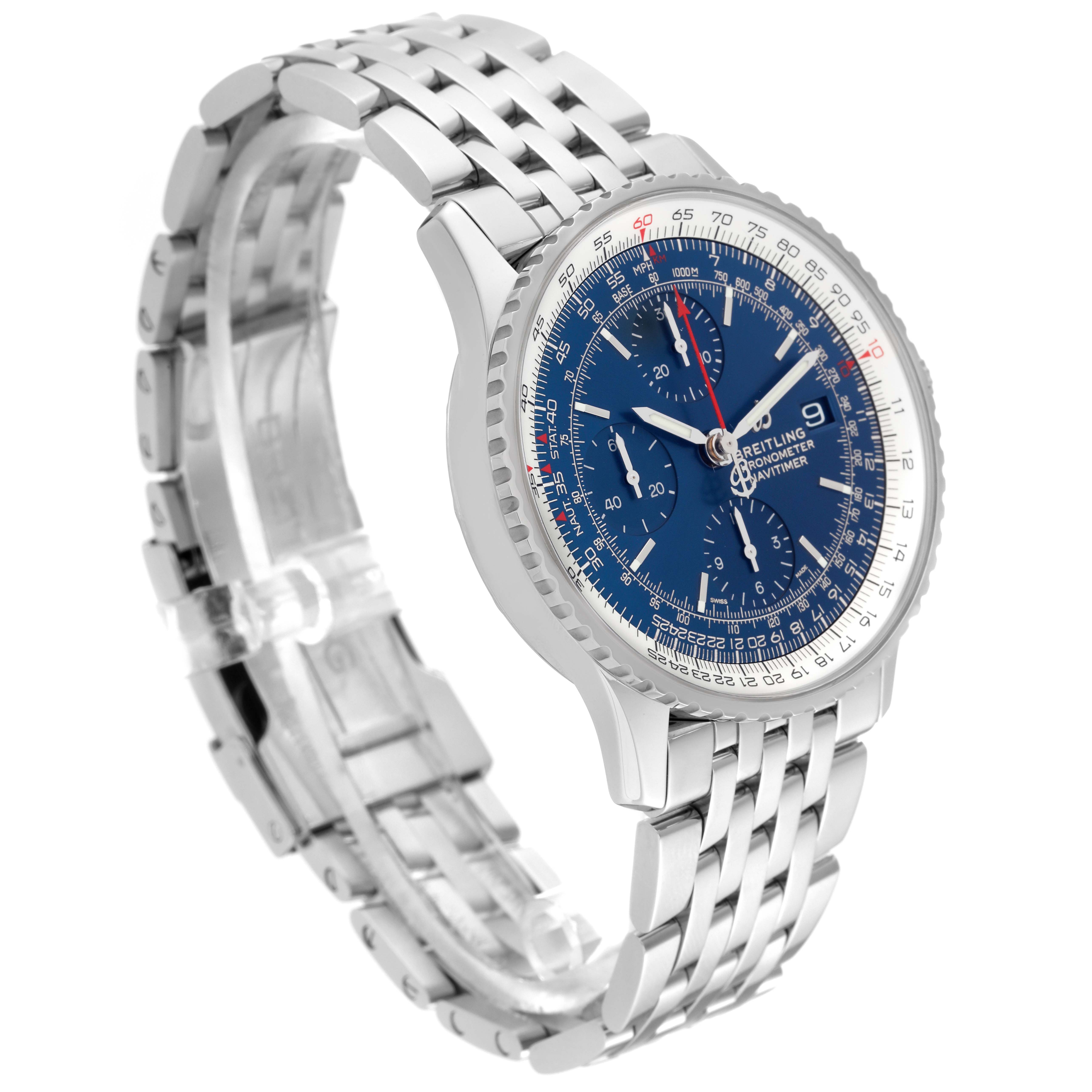 The Breitling Navitimer A13324121C1A1 Men's Stainless Steel Blue Dial A13324121C1A1 Men's Stainless Steel Blue Dial watch is shown at a three-quarter angle, highlighting its blue dial, stainless steel case, and bracelet.