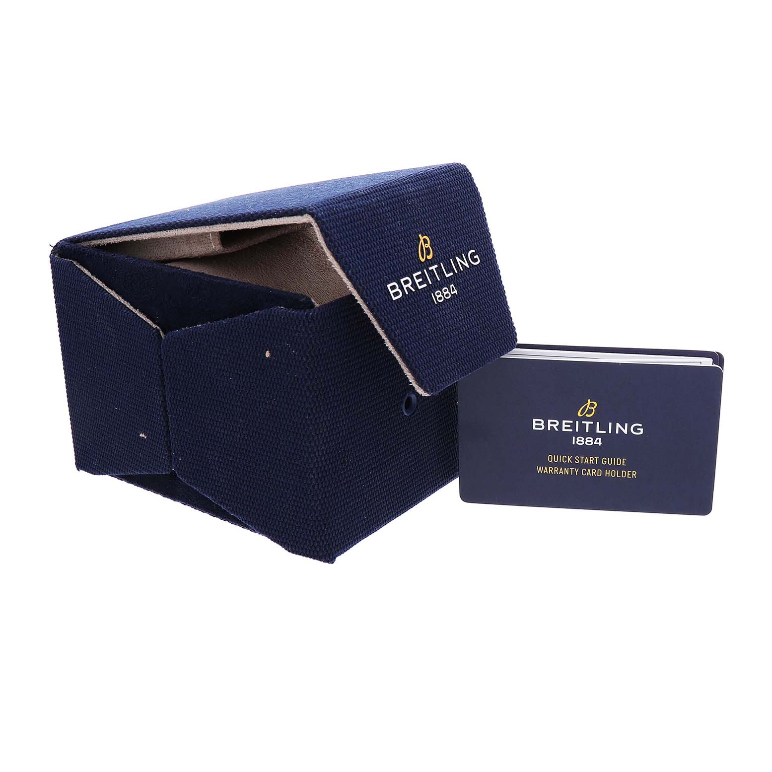The image shows a Breitling Superocean A17375 Men's Stainless Steel Blue Dial watch box and a warranty card holder, viewed from a front angle.