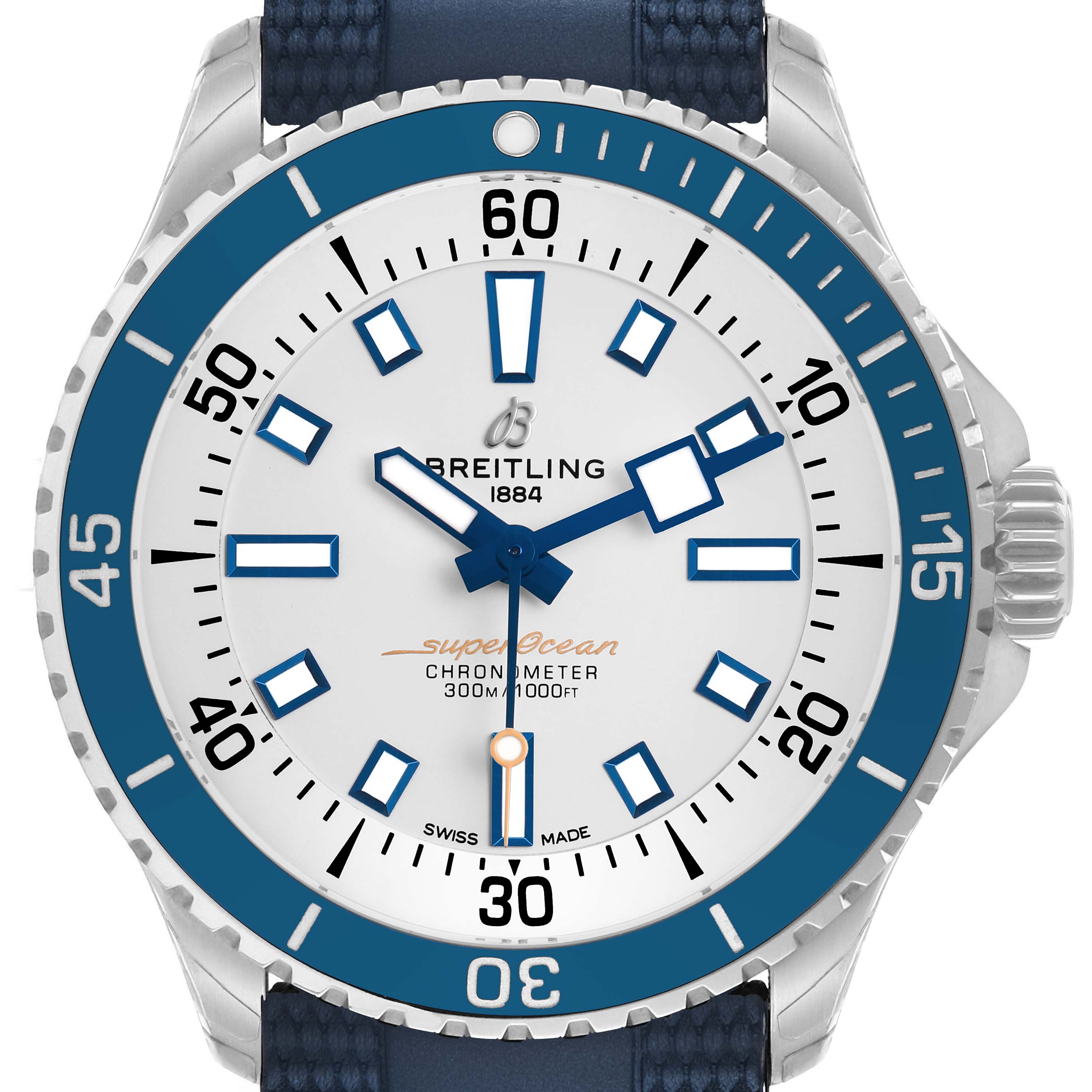 The Breitling Superocean A17375 Men's Stainless Steel Blue Dial watch is shown from a front angle, highlighting the bezel, face, and strap.