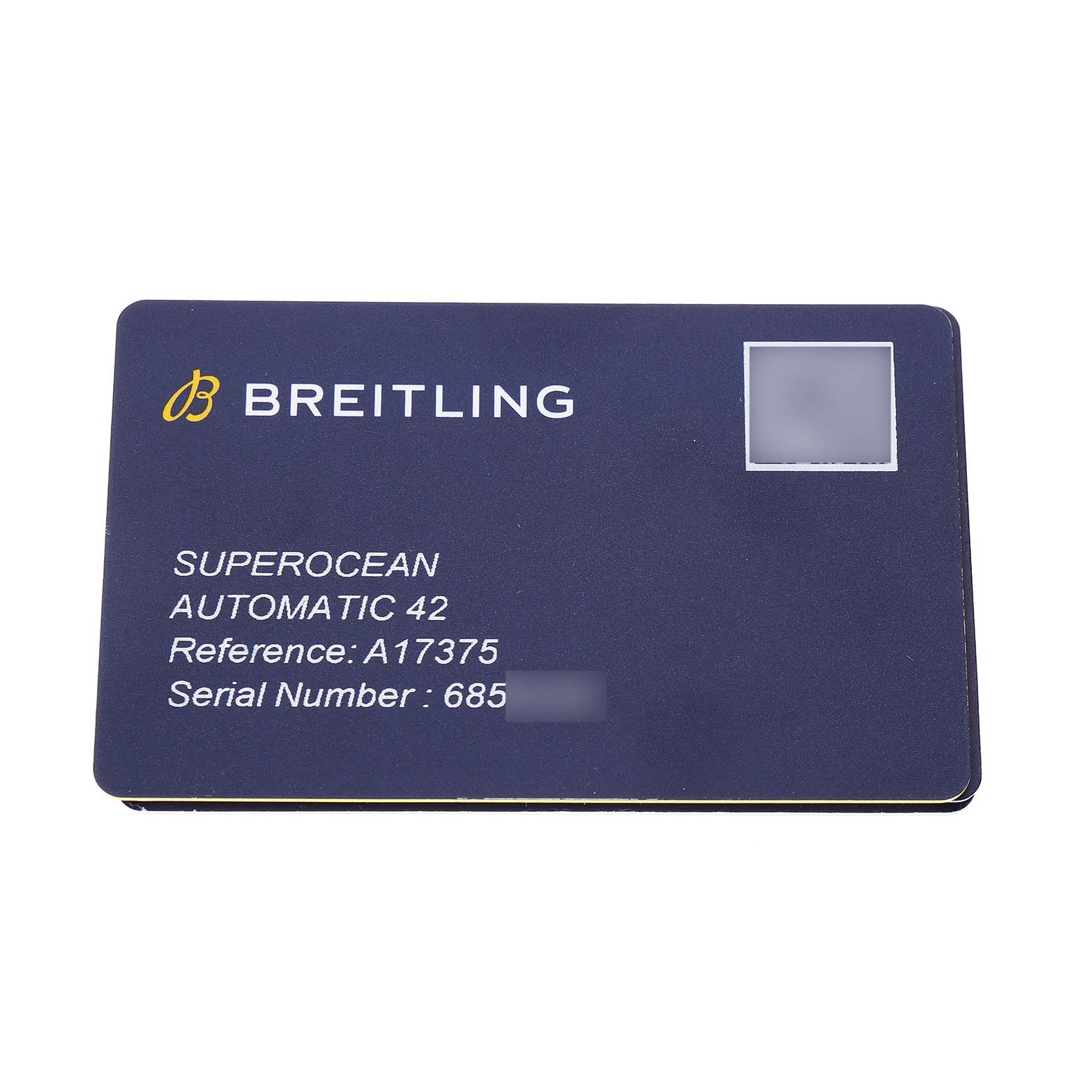 The image shows a Breitling Superocean A17375 Men's Stainless Steel Blue Dial Automatic 42 warranty card with reference and serial numbers.