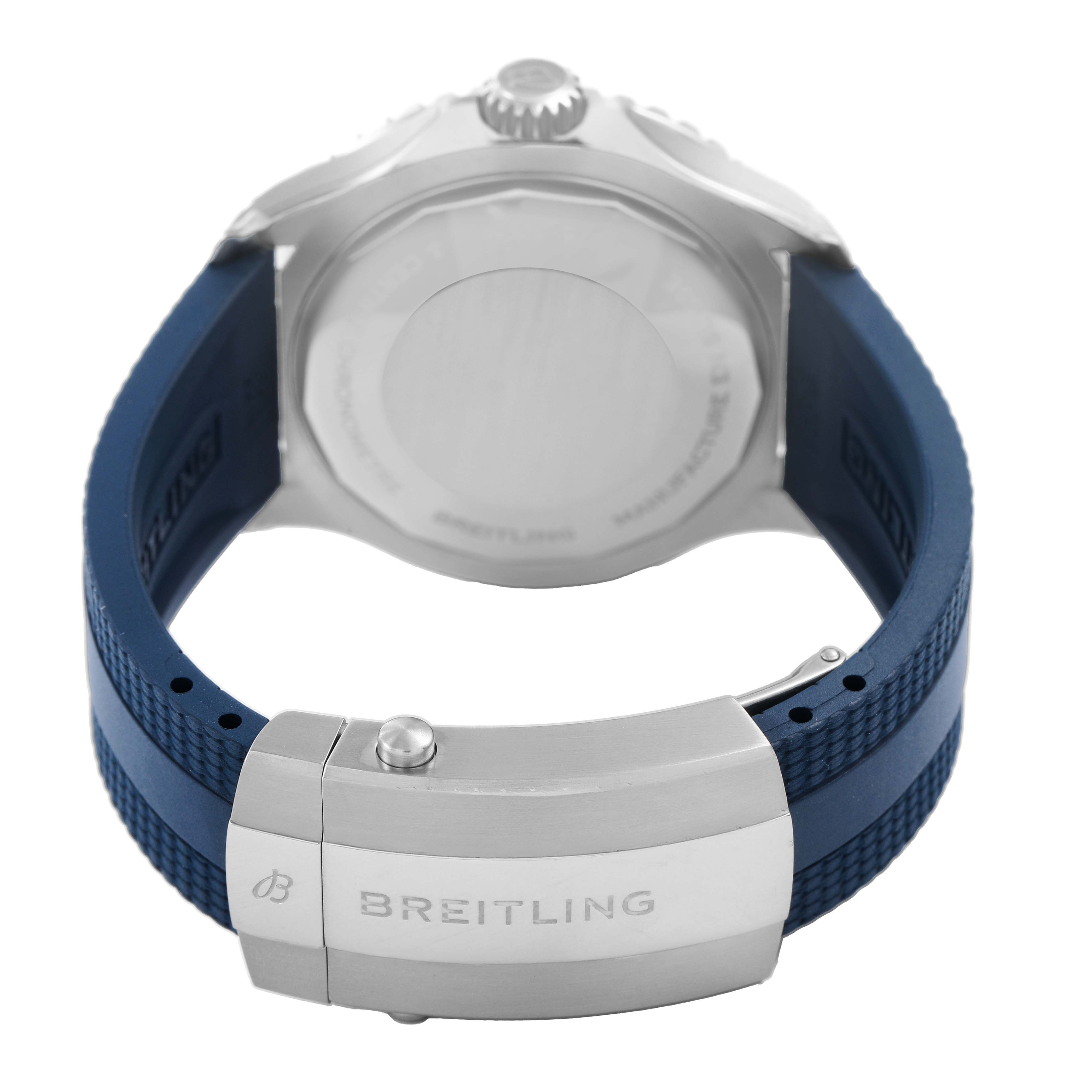 The image shows the back side of a Breitling Superocean A17375 Men's Stainless Steel Blue Dial watch, focusing on the clasp and blue strap.