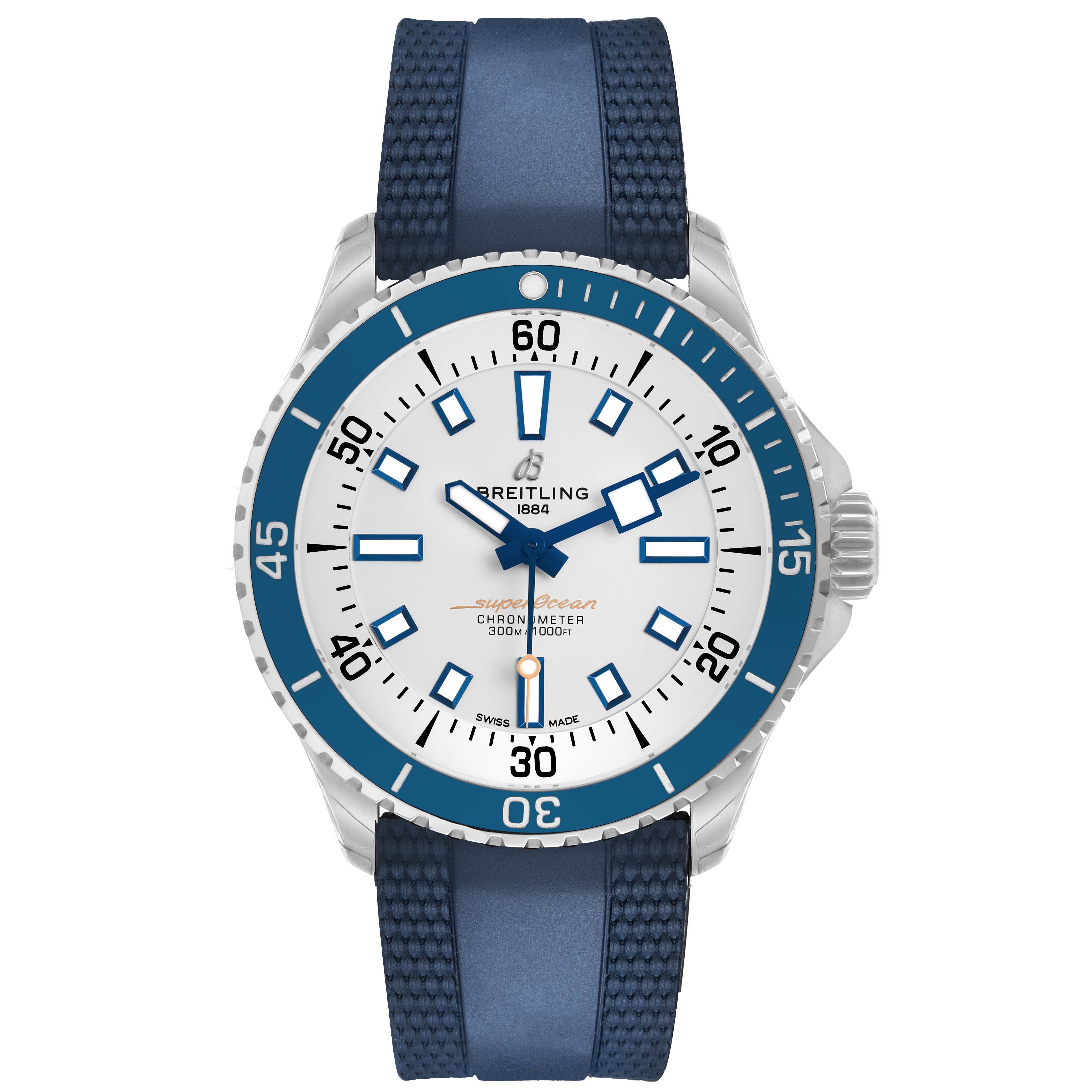 The Breitling Superocean A17375 Men's Stainless Steel Blue Dial watch is shown from a front angle, displaying its face, bezel, and strap.